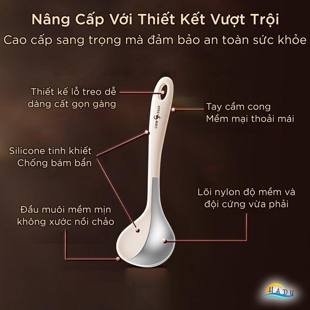 Muôi Múc Canh Silicone 21cm SSGP, Vá Canh Chống Dính Nhỏ Gọn Ăn Lẩu, Múc Cơm, Bảo Vệ Nồi Chảo