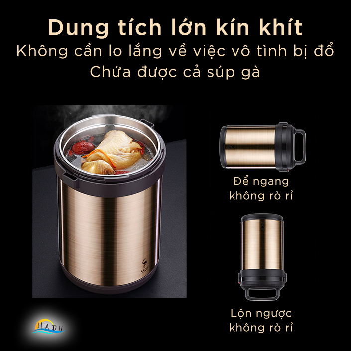 Hộp Đựng Cơm Giữ Nhiệt Inox 304 Cao Cấp, Công Nghệ Chân Không 6 Lớp, Kèm Túi Giữ Nhiệt, Đáy Silicone Chống Trơn, Màu Vàng Đồng SSGP
