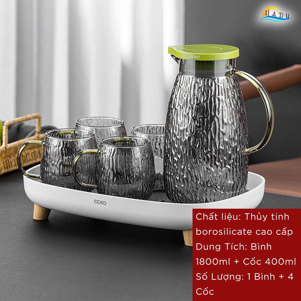 Bộ Bình và Cốc Thủy Tinh CCKO, Bình 1.8L Nắp Tự Động, Chịu Nhiệt, Nhiều Màu