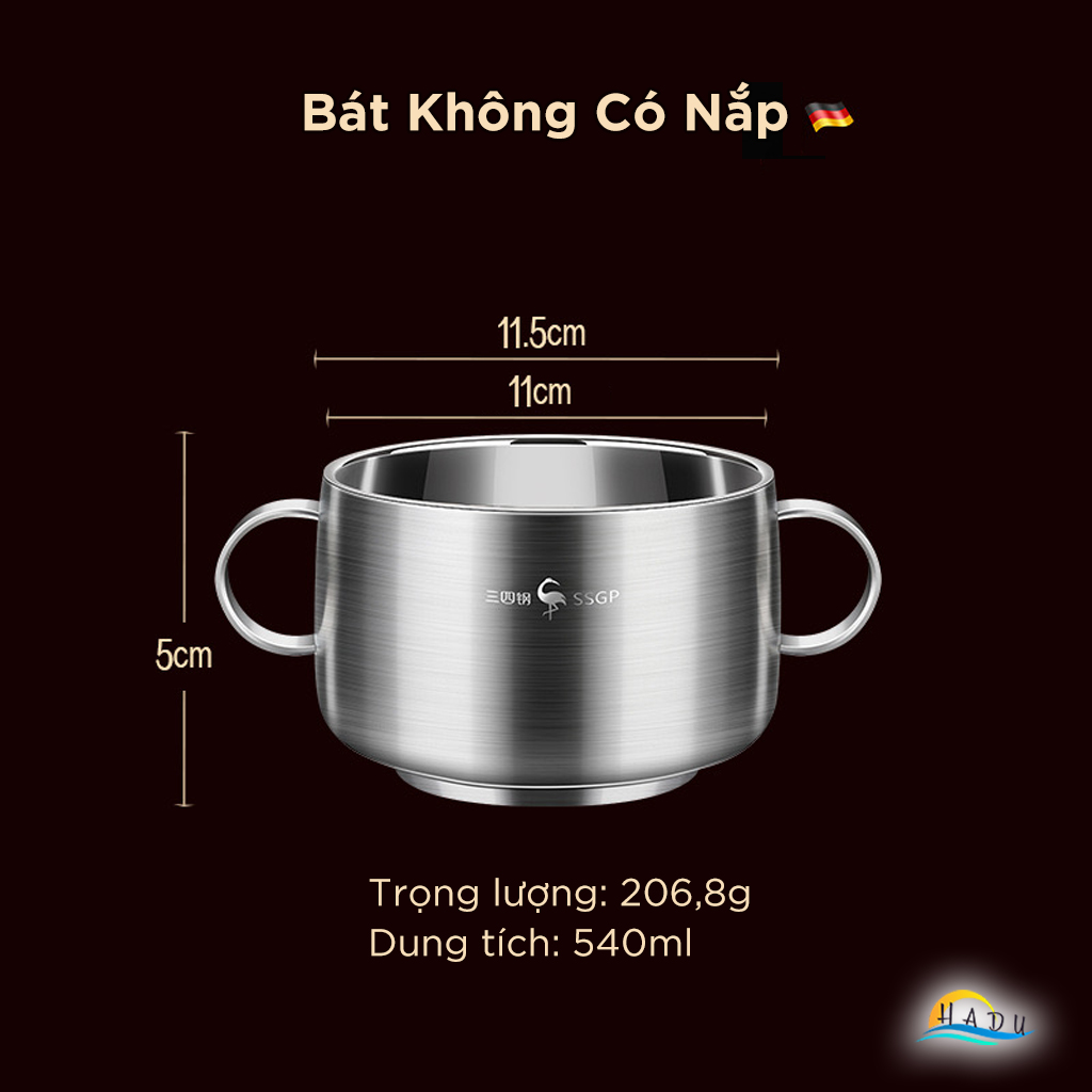 Bát Ăn Dặm Cho Bé SSGP Inox 316L, 2 Lớp Chống Nóng, Có Tay Cầm và Nắp, 11cm, Đạt Chất Lượng LFGB Đức