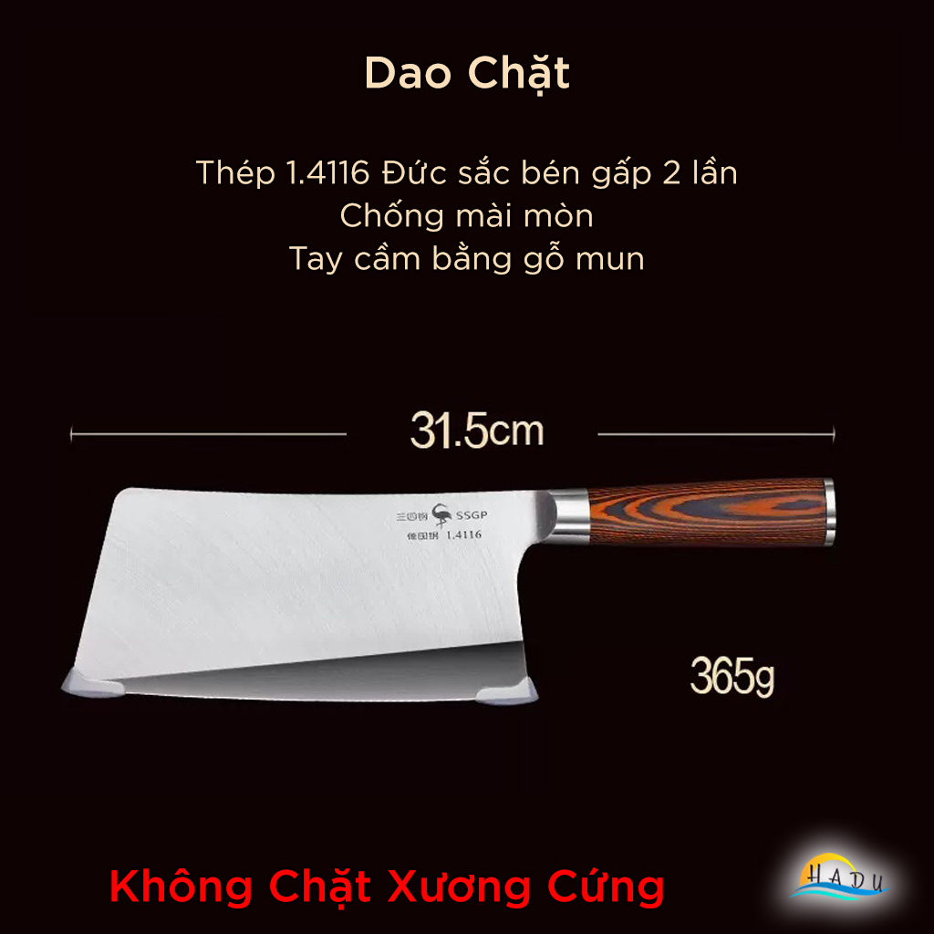 Dao Thái Thịt SSGP, Thép Đức 1.4116, Cán Gỗ Mun, Dài 31cm, Đạt Chất Lượng LFGB Đức