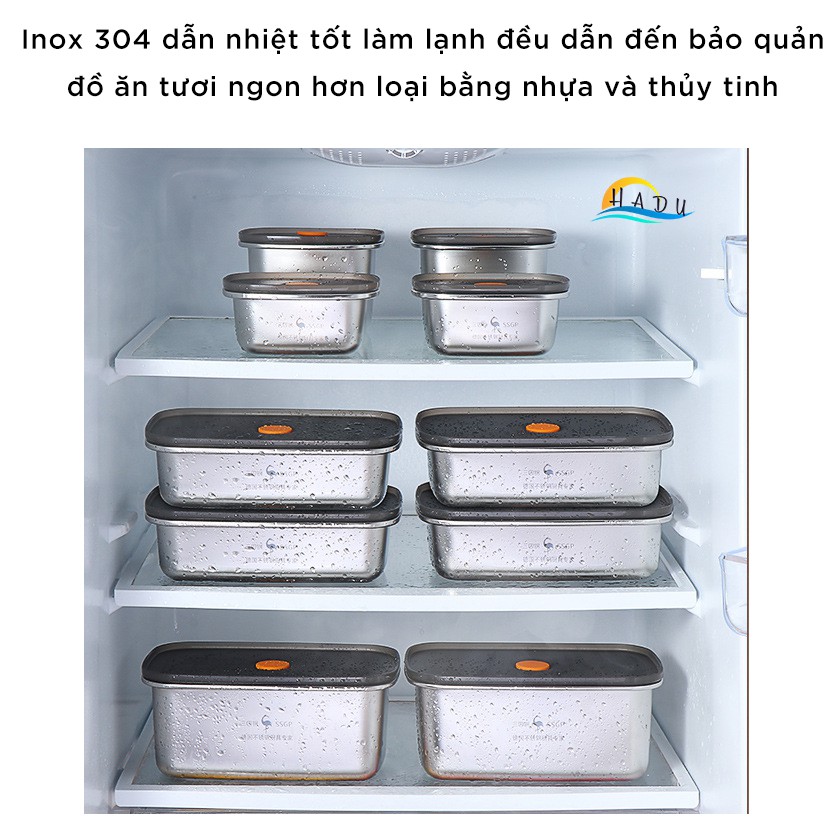 Hộp Bảo Quản Tủ Lạnh Inox 304 SSGP, Nắp Silicone Kín Khí, Chống Rò Rỉ, Đạt Chất Lượng LFGB Đức