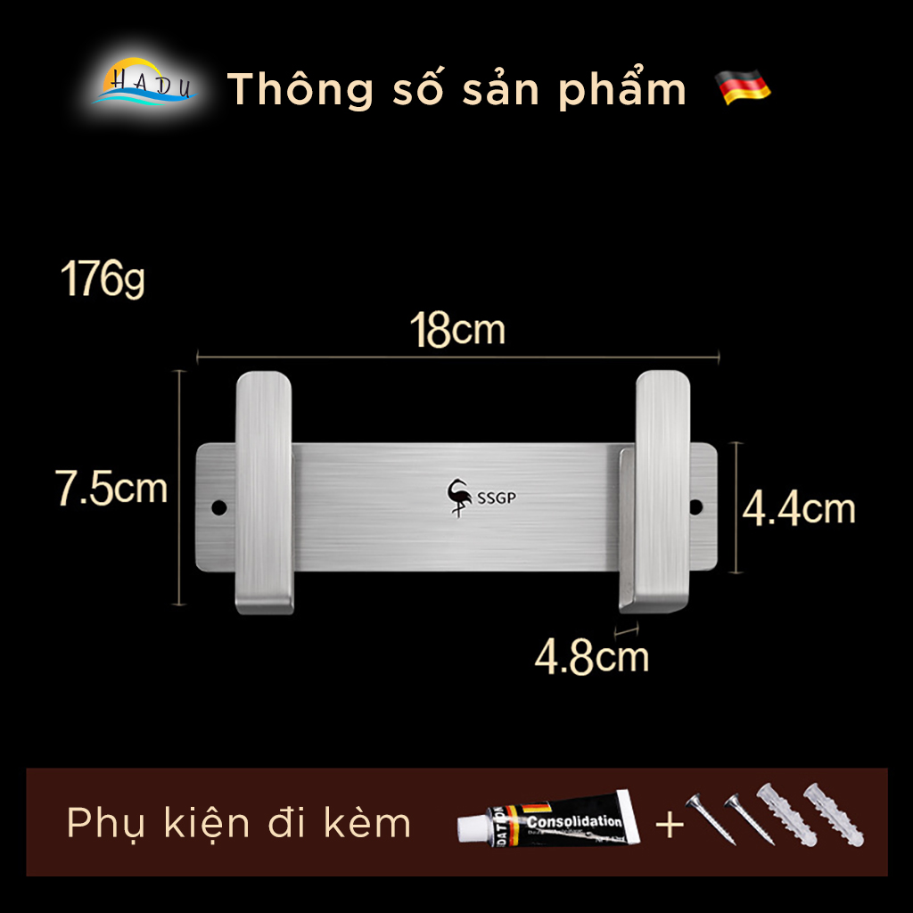 Thanh Móc Treo Tường Inox 304 SSGP, Chịu Lực 20kg, Dán Tường hoặc Khoan Vít, Dài 18cm, Đạt Chất Lượng LFGB Đức