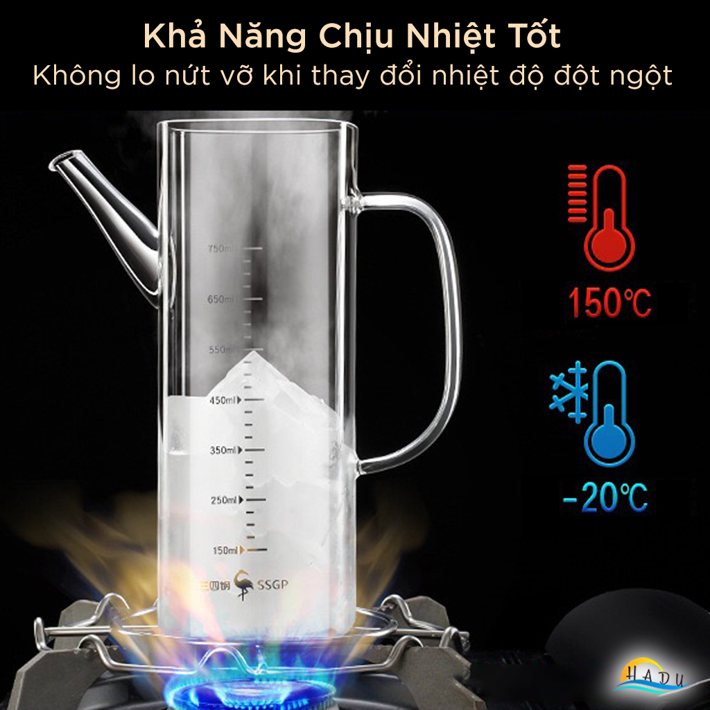 Bình Rót Dầu Ăn Thủy Tinh SSGP 550ml, 750ml Chống Rò Rỉ, Có Vạch Chia, Đạt Chất Lượng LFGB Đức