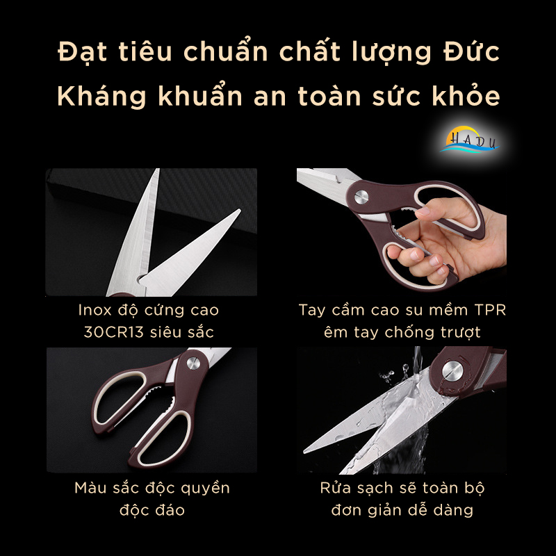 Kéo cắt gà nhà bếp inox độ cứng cao đạt tiêu chuẩn chất lượng Đức, kéo đa năng làm bếp cao cấp tay cầm cao su mềm SSGP