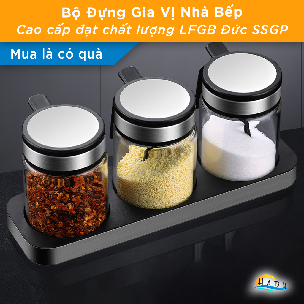 Bộ 3 Hũ Đựng Gia Vị Thủy Tinh SSGP, Nắp Inox 304, Chống Ẩm, Kèm Khay Đựng, Đạt Chất Lượng LFGB Đức