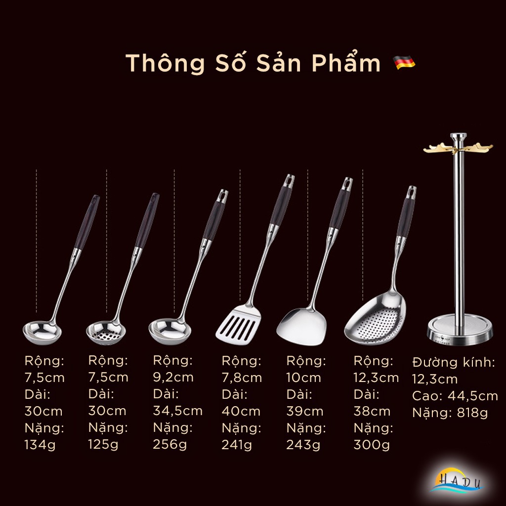 Bộ 6 Dụng Cụ Nấu Ăn SSGP Inox 316L, Kèm Giá Treo Xoay, Tay Cầm Cách Nhiệt, Đạt Chất Lượng LFGB Đức
