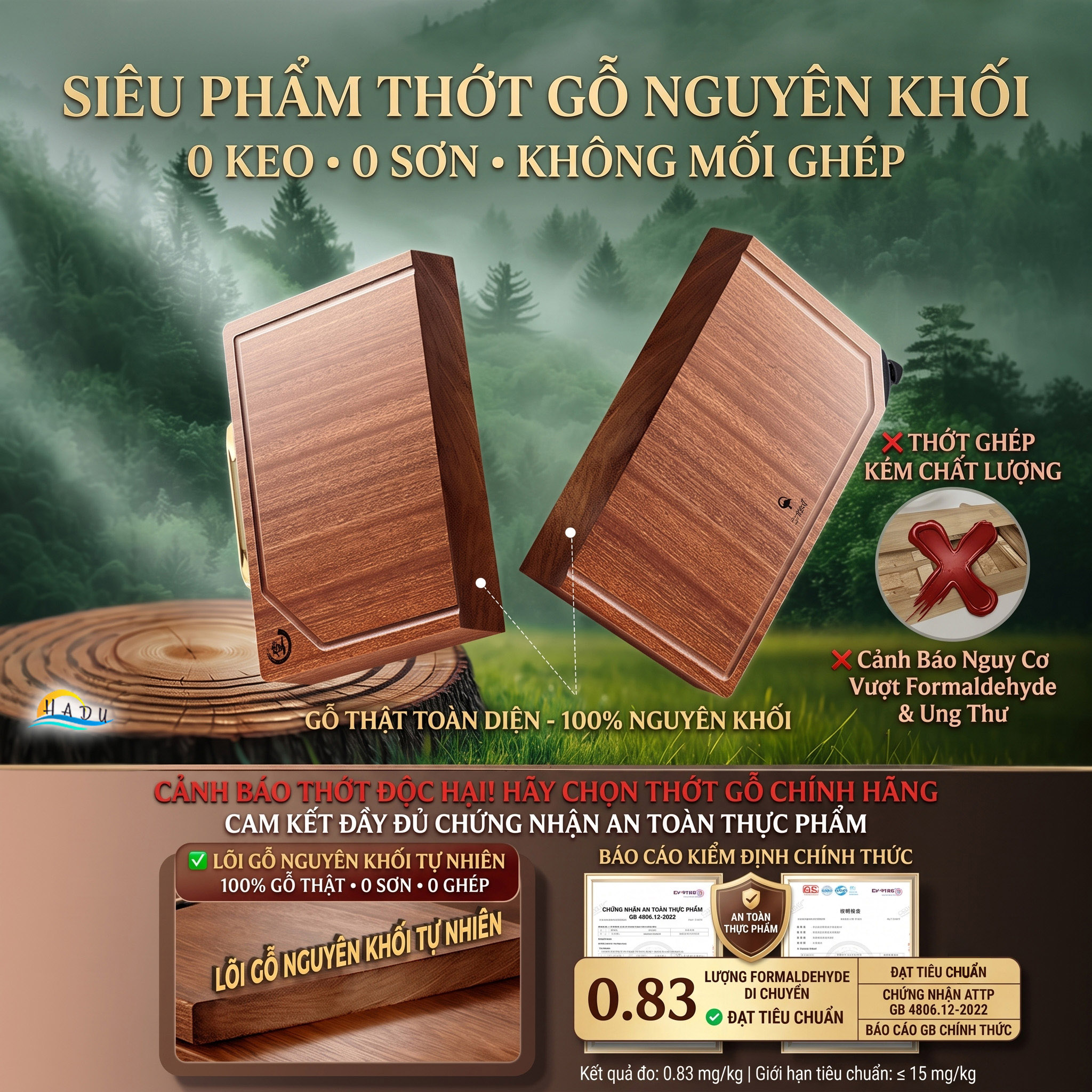 Thớt Gỗ Mun Cao Cấp Nguyên Khối Không Sơn Ghép Phân Biệt Sống Chín Đạt Chất Lượng LFGB Đức SSGP