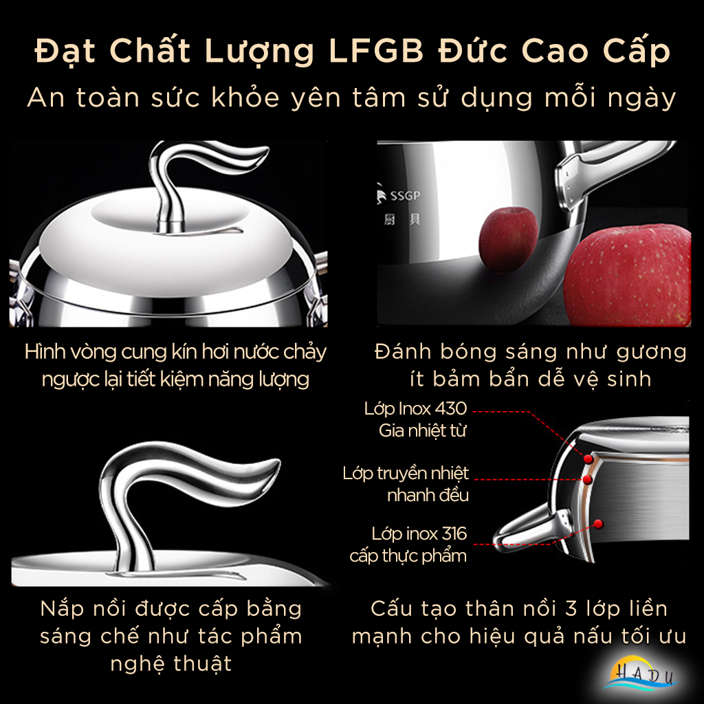 Nồi Inox 316L SSGP Đáy 3 Lớp, Thiết Kế Hình Quả Táo, Dùng Bếp Từ, Đạt Chất Lượng LFGB Đức