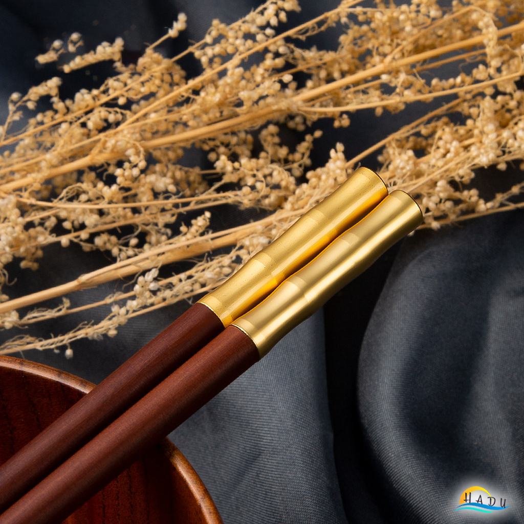 Bộ 10 Đôi Đũa Gỗ Đàn Hương Đỏ HADU, Đầu Hợp Kim Kẽm, Chống Mốc, Dài 24cm