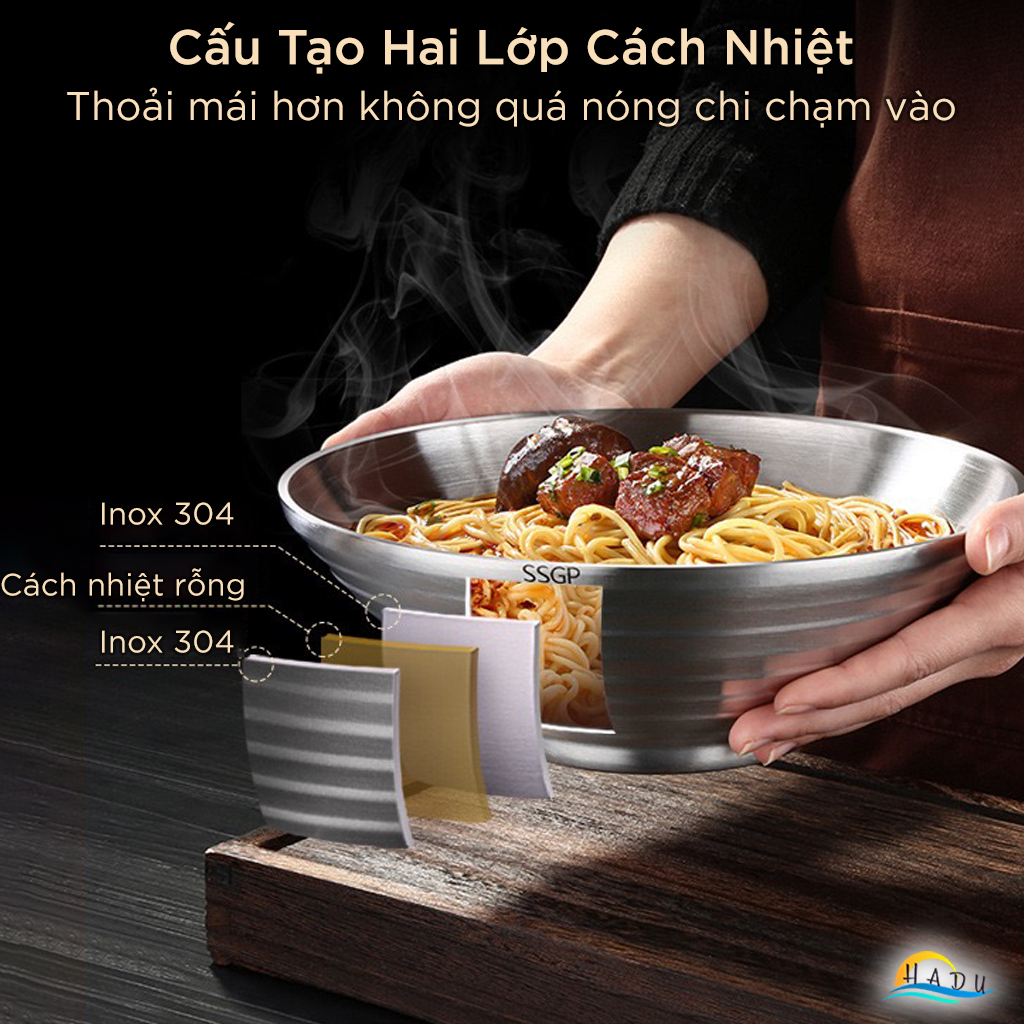 Tô Ăn Mì Phở Inox 304 SSGP, 2 Lớp Cách Nhiệt Chống Nóng, Chân Đế Cao, 24cm, Đạt Chất Lượng LFGB Đức
