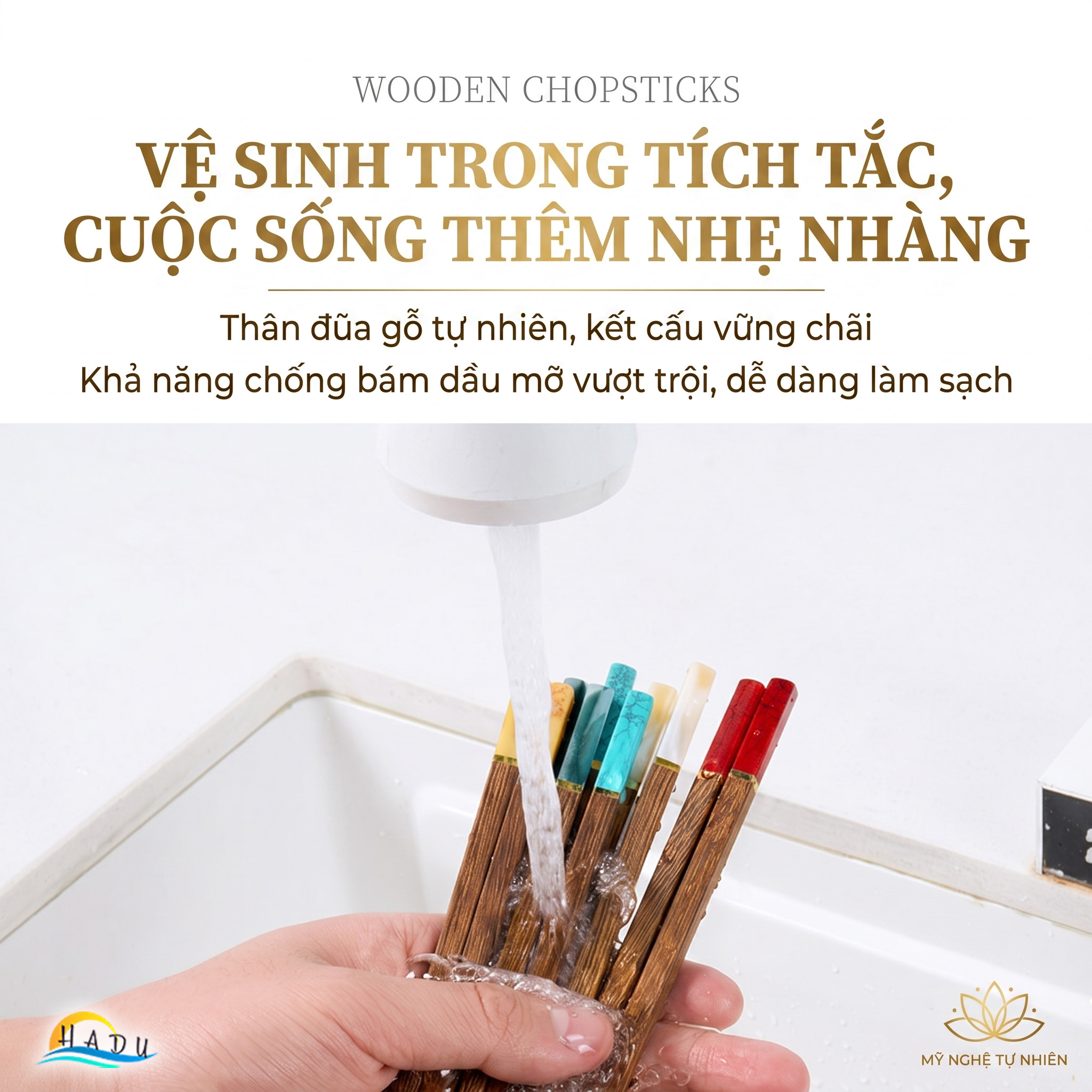 [5 Đôi] Đũa Ăn Cơm Gỗ Tự Nhiên Cánh Gà Cao Cấp Khảm Ngọc Thạch Sang Trọng Chống Ẩm Mốc HADU