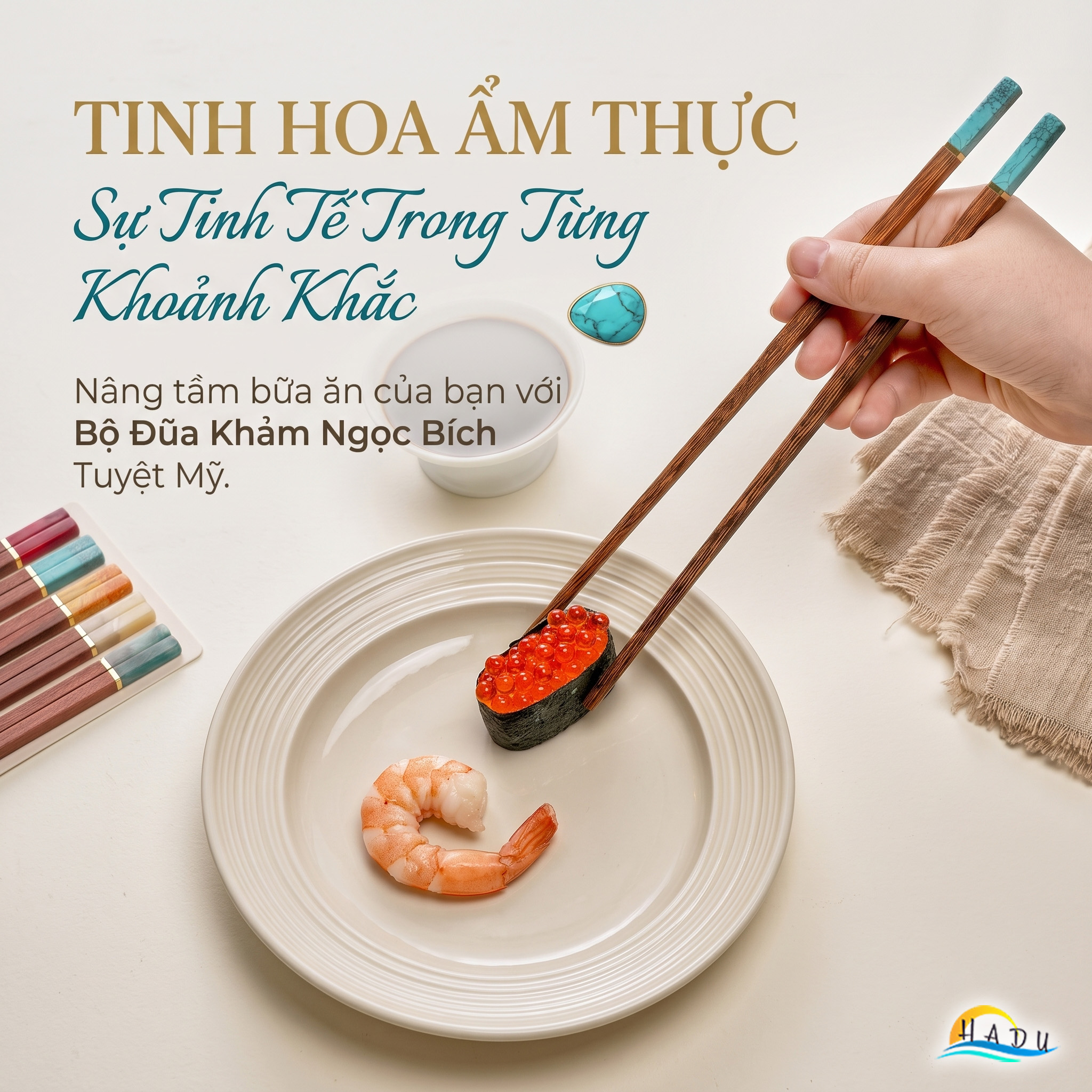 [5 Đôi] Đũa Ăn Cơm Gỗ Tự Nhiên Cánh Gà Cao Cấp Khảm Ngọc Thạch Sang Trọng Chống Ẩm Mốc HADU