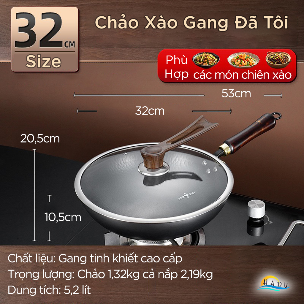 Chảo Gang Đúc Nguyên Khối Đã Tôi Chống Dính Cao Cấp 32cm SSGP, Chảo Xào Sâu Lòng Đạt Chất Lượng LFGB Đức