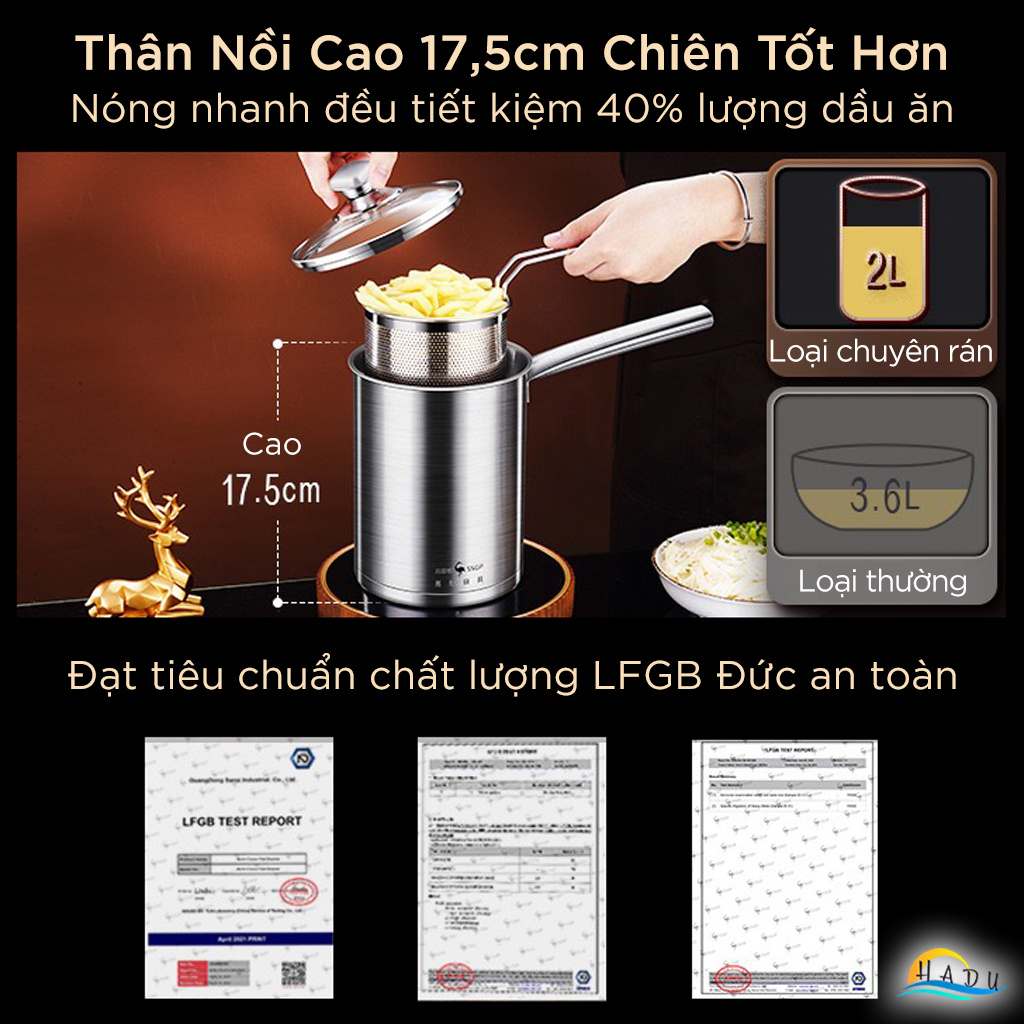 Nồi Chiên Ngập Dầu Mini Bếp Từ SSGP, 2.4L, Inox 316L, Kèm Rổ Lưới Lọc Dầu, Đạt Chất Lượng LFGB Đức