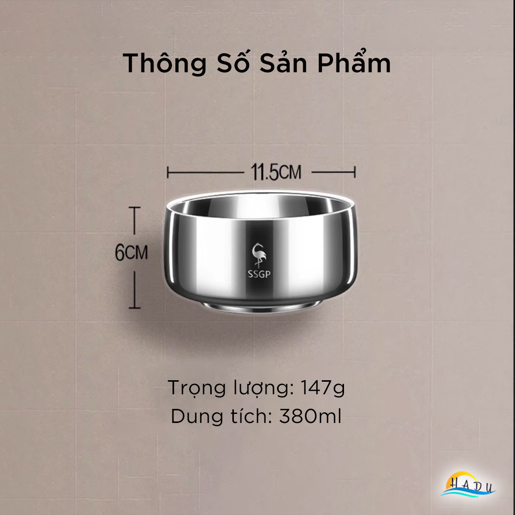Bát Ăn Cơm Inox 316L SSGP, 2 Lớp Cách Nhiệt Chống Nóng, 380ml, Đạt Chất Lượng LFGB Đức