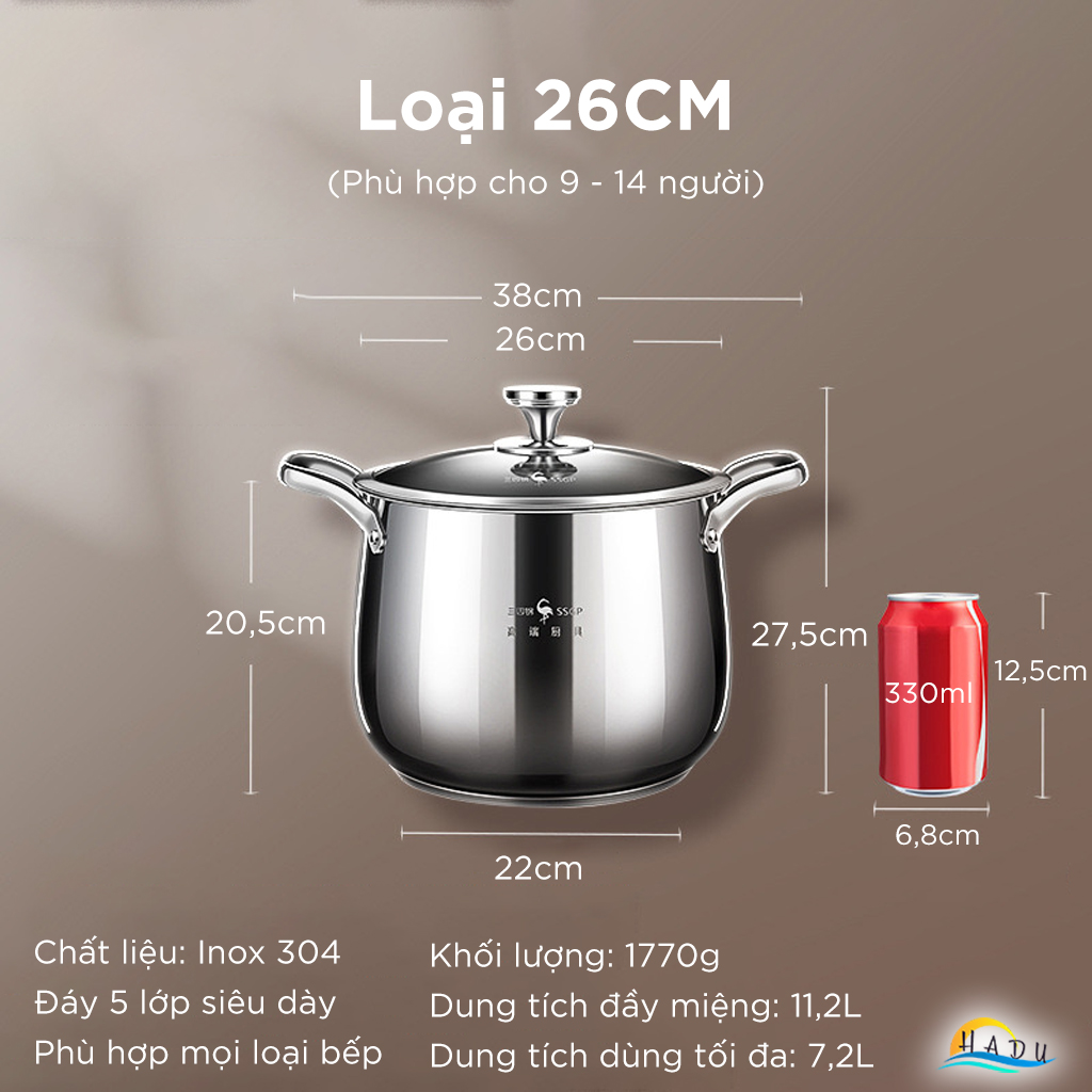 Nồi Luộc Gà Inox 304 Thành Cao SSGP 24cm 26cm, Đáy 5 Lớp, Dùng Bếp Từ, Đạt Chất Lượng LFGB Đức