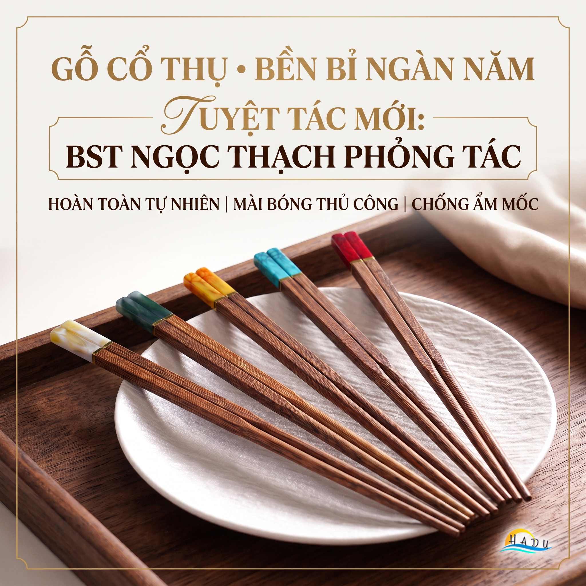 [5 Đôi] Đũa Ăn Cơm Gỗ Tự Nhiên Cánh Gà Cao Cấp Khảm Ngọc Thạch Sang Trọng Chống Ẩm Mốc HADU
