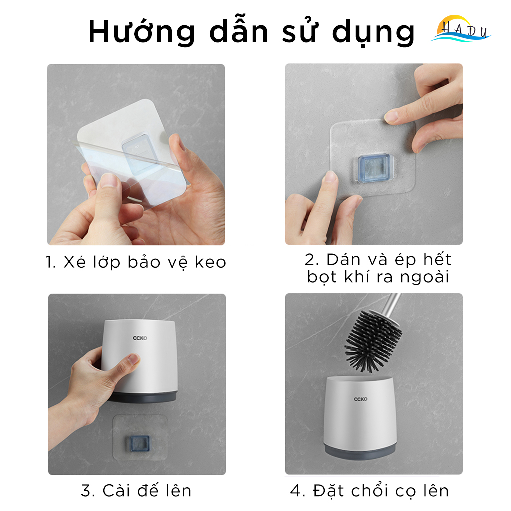 Cọ Bồn Cầu Silicon Dán Tường CCKO, Đế Thông Gió Chống Đọng Nước, Đầu Cọ Mềm, Màu Xám