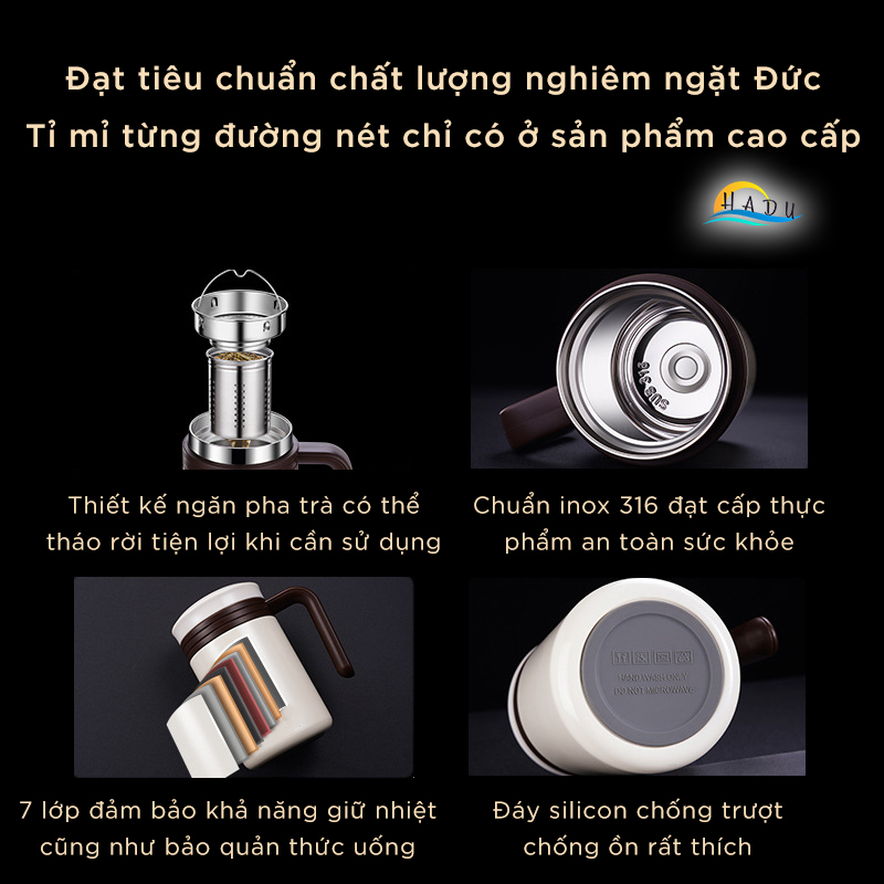 Ly giữ nhiệt có quai nắp đậy không cần vặn inox 316 cấp thực phẩm, cốc giữ nhiệt coffee 7 lớp tích hợp pha trà SSGP