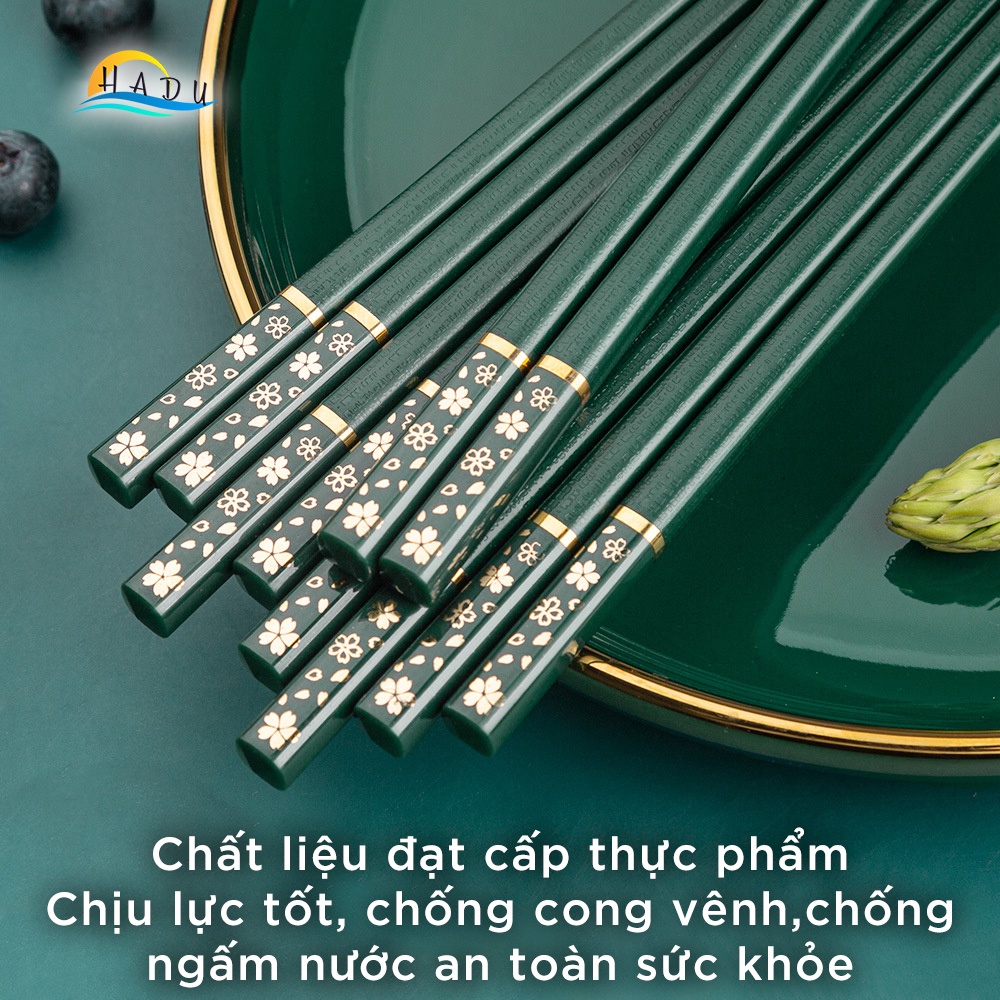 Bộ 5 Đôi Đũa Sợi Thủy Tinh HADU Họa Tiết Hoa Anh Đào, Kháng Khuẩn, Chống Trơn, 24.3cm, Màu Xanh Bắc Âu