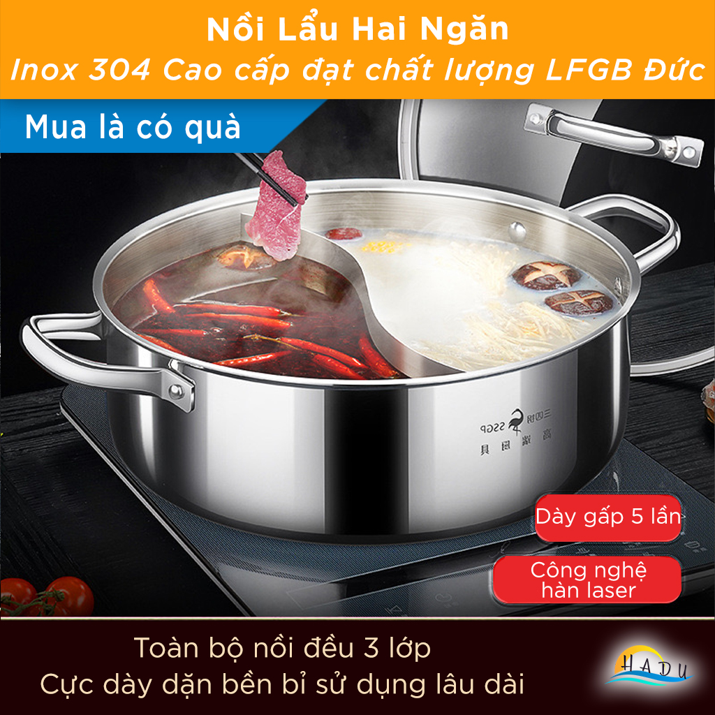 Nồi Lẩu 2 Ngăn Inox 304 Cao Cấp Dung Tích 8L – Đạt Chuẩn LFGB Đức, Phù Hợp Bếp Từ và Bếp Ga SSGP