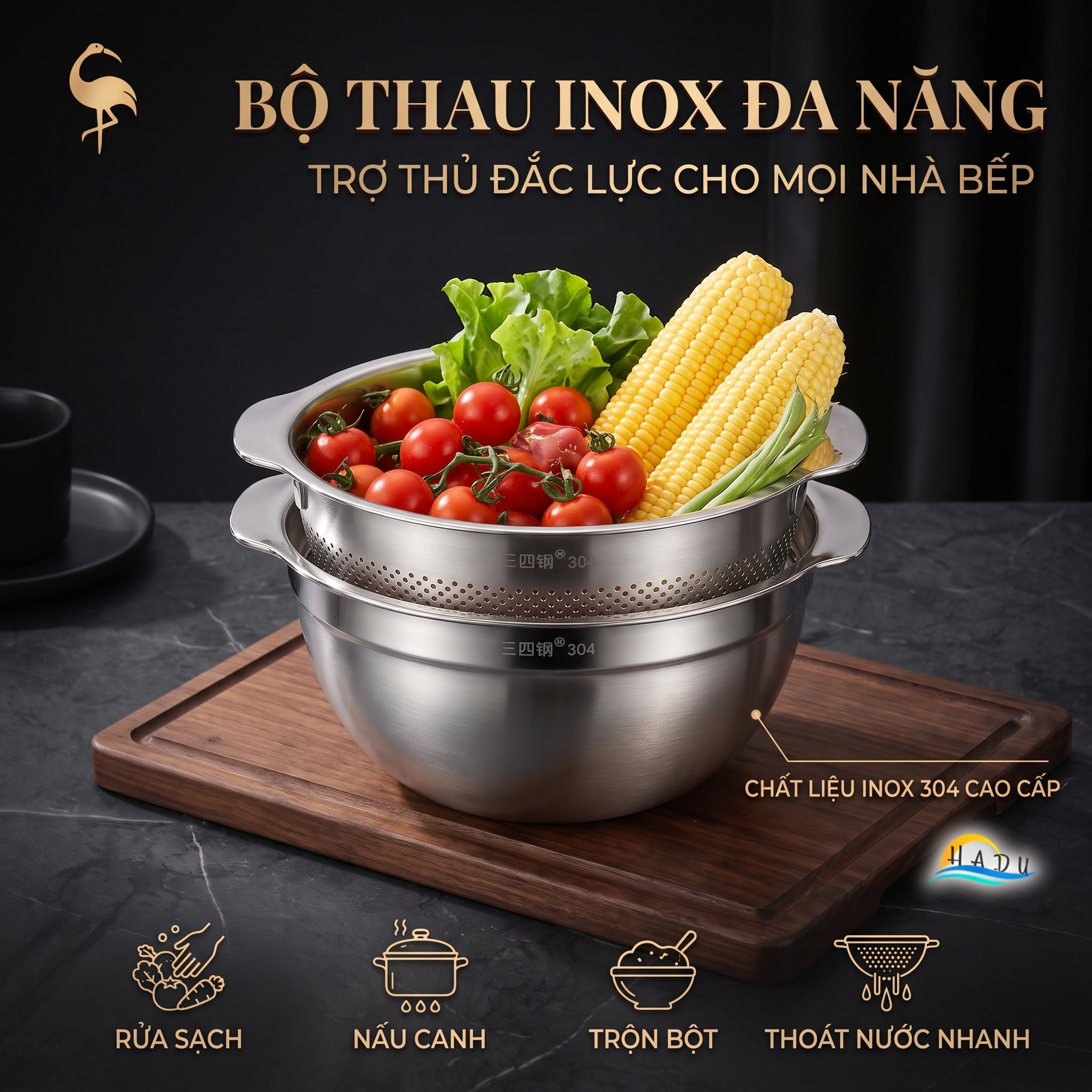Bộ Rổ Chậu Thau Inox 304 Cao Cấp Dày Dặn Đa Năng Rửa Rau Vo Gạo Trộn Bột 25cm 27cm SSGP