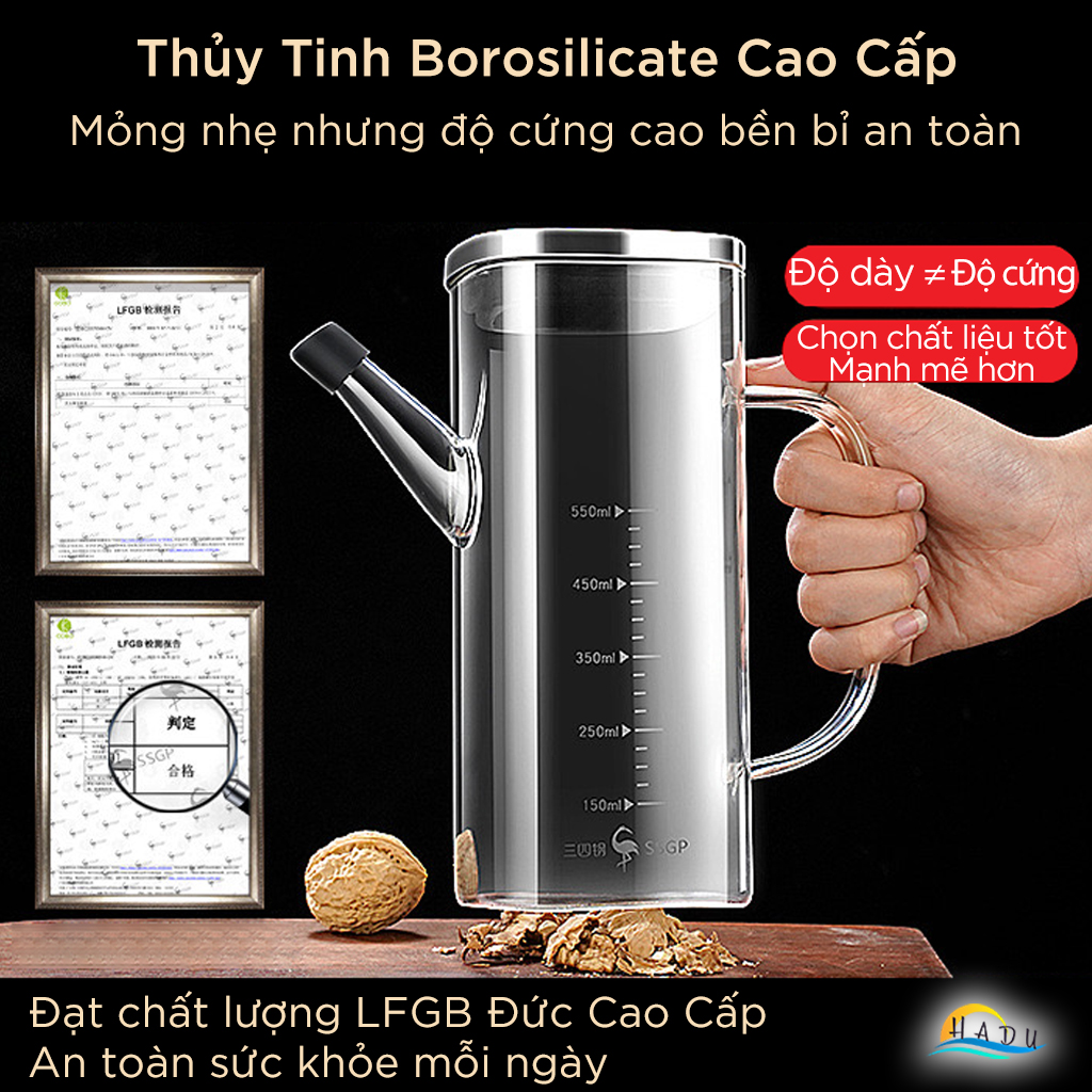 Bình Rót Dầu Ăn Thủy Tinh SSGP 550ml, 750ml Chống Rò Rỉ, Có Vạch Chia, Đạt Chất Lượng LFGB Đức