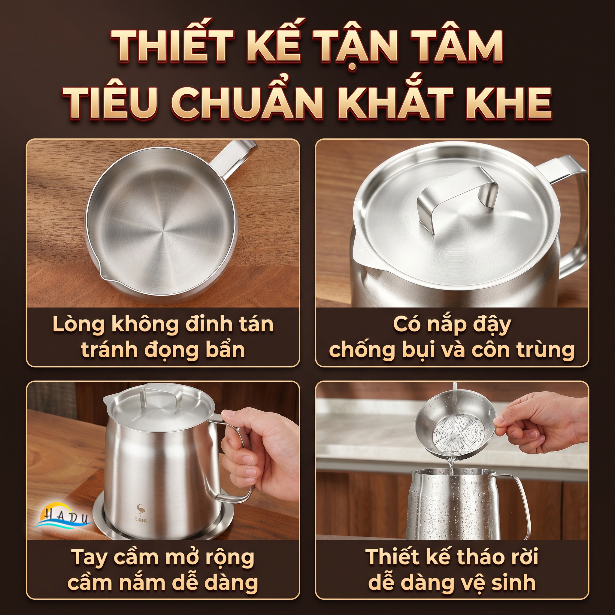 Bình Ca Lọc Dầu Ăn Inox 304 Cao Cấp Có Khay Hứng Tiện Lợi Đạt Chất Lượng LFGB SSGP