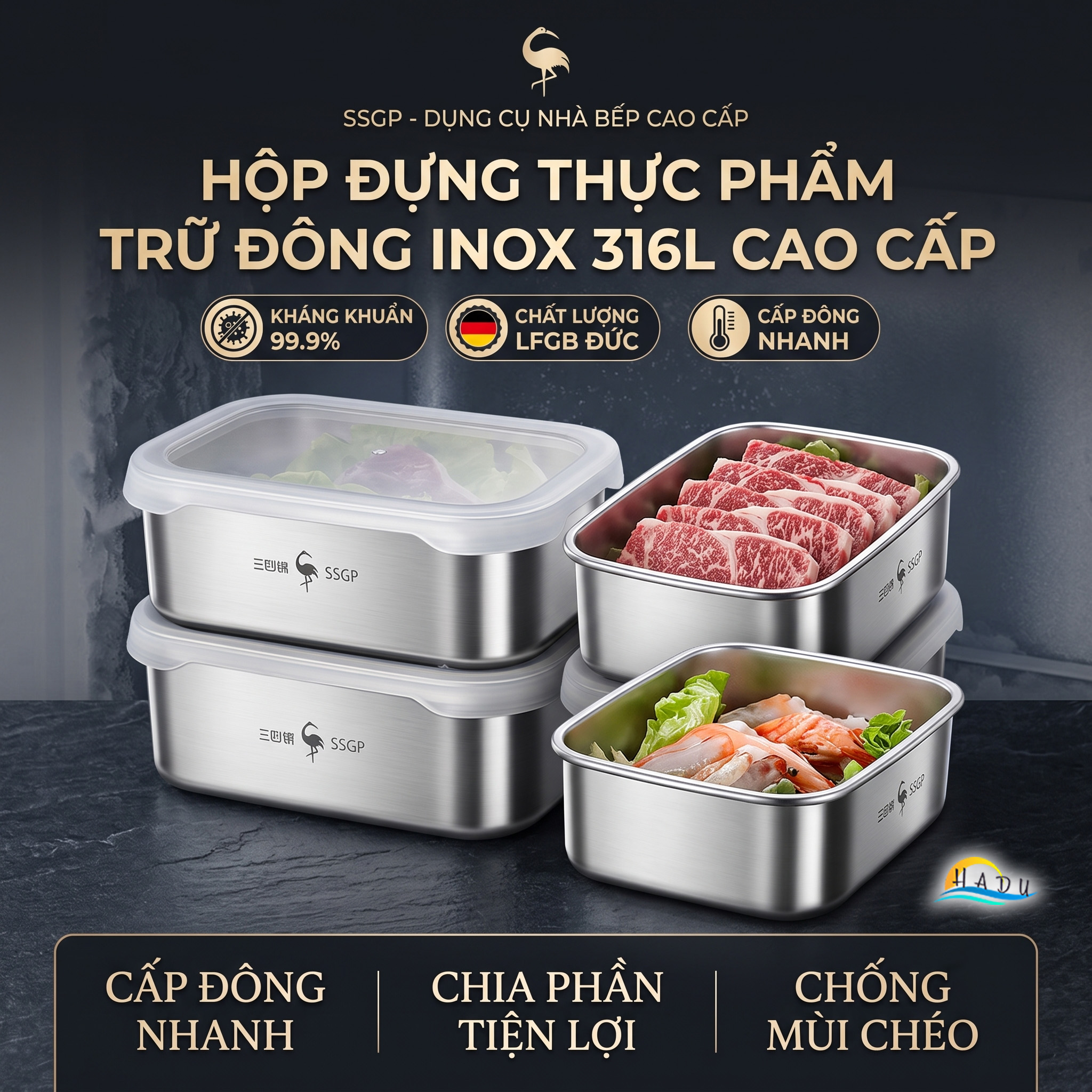 Hộp Đựng Thực Phẩm Inox 316L SSGP, Hộp Trữ Đông Tủ Lạnh Nắp Silicone Kín Khít, Dùng Lò Nướng, Đạt Chất Lượng LFGB Đức