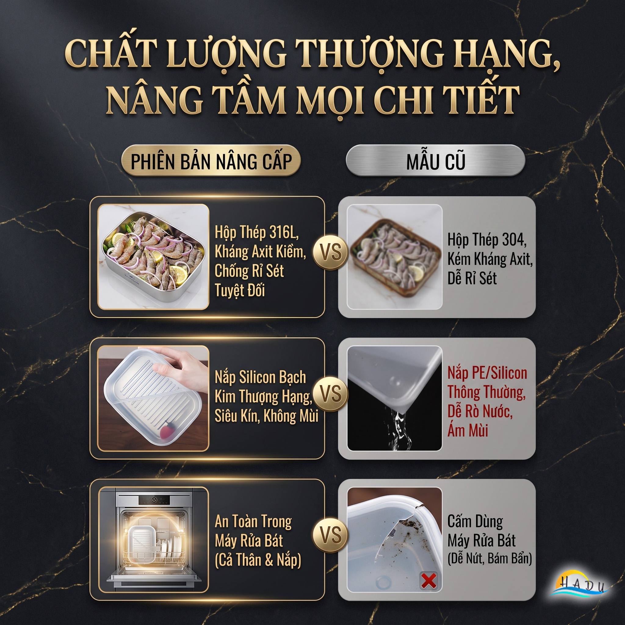 Hộp Đựng Thực Phẩm Inox 316L SSGP, Hộp Trữ Đông Tủ Lạnh Nắp Silicone Kín Khít, Dùng Lò Nướng, Đạt Chất Lượng LFGB Đức