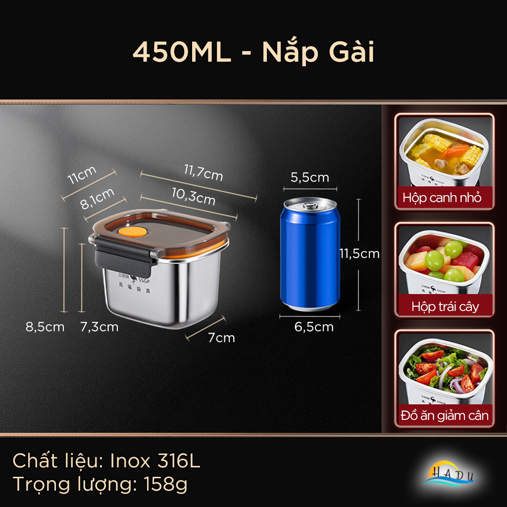 Hộp Bảo Quản Tủ Lạnh Inox 304 SSGP, Nắp Silicone Kín Khí, Chống Rò Rỉ, Đạt Chất Lượng LFGB Đức