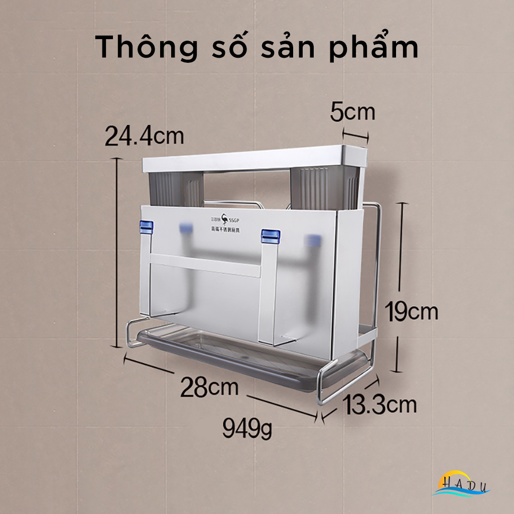 Giá Để Dao Thớt Đa Năng SSGP Inox 304, Treo Tường hoặc Để Bàn, Kèm Ống Đũa, Đạt Chất Lượng LFGB Đức