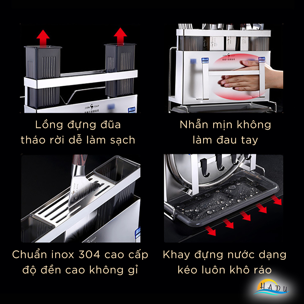 Giá Để Dao Thớt Đa Năng SSGP Inox 304, Treo Tường hoặc Để Bàn, Kèm Ống Đũa, Đạt Chất Lượng LFGB Đức