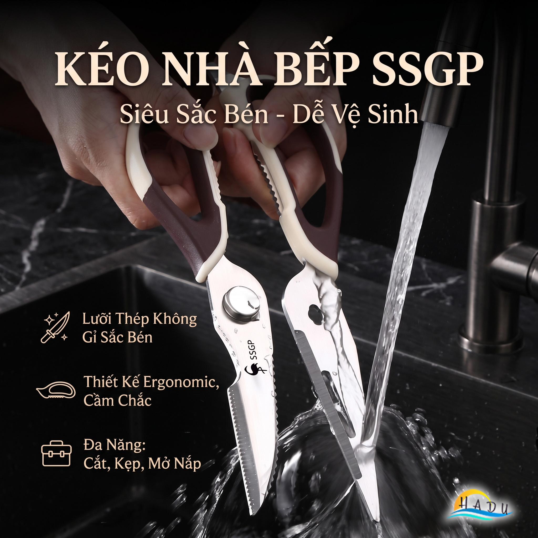 Kéo Nhà Bếp Đa Năng SSGP, Inox 304, Cắt Gà, Cắt Xương, Mở Nắp Chai, Dài 23cm, Đạt Chất Lượng LFGB Đức