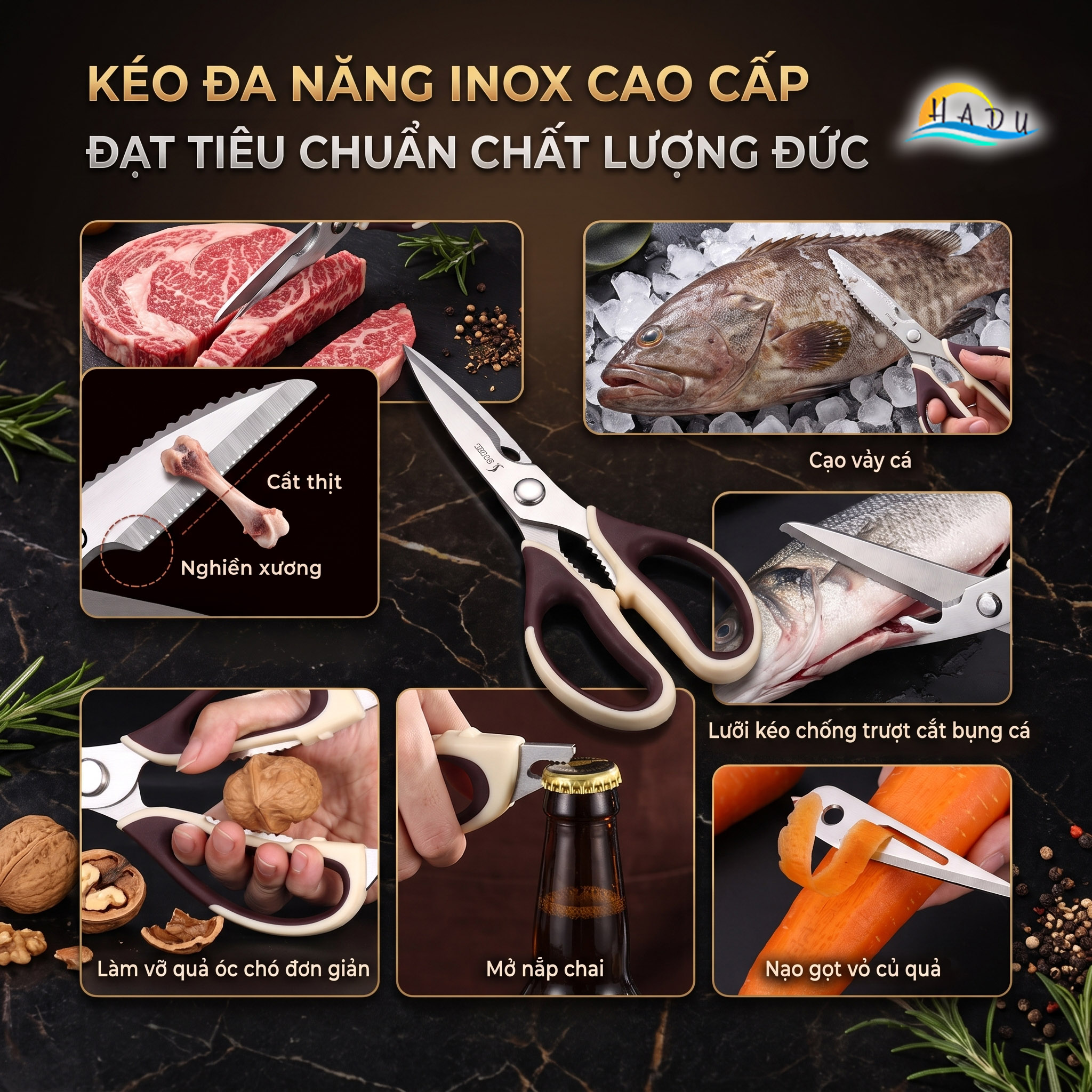 Kéo Nhà Bếp Đa Năng SSGP, Inox 304, Cắt Gà, Cắt Xương, Mở Nắp Chai, Dài 23cm, Đạt Chất Lượng LFGB Đức