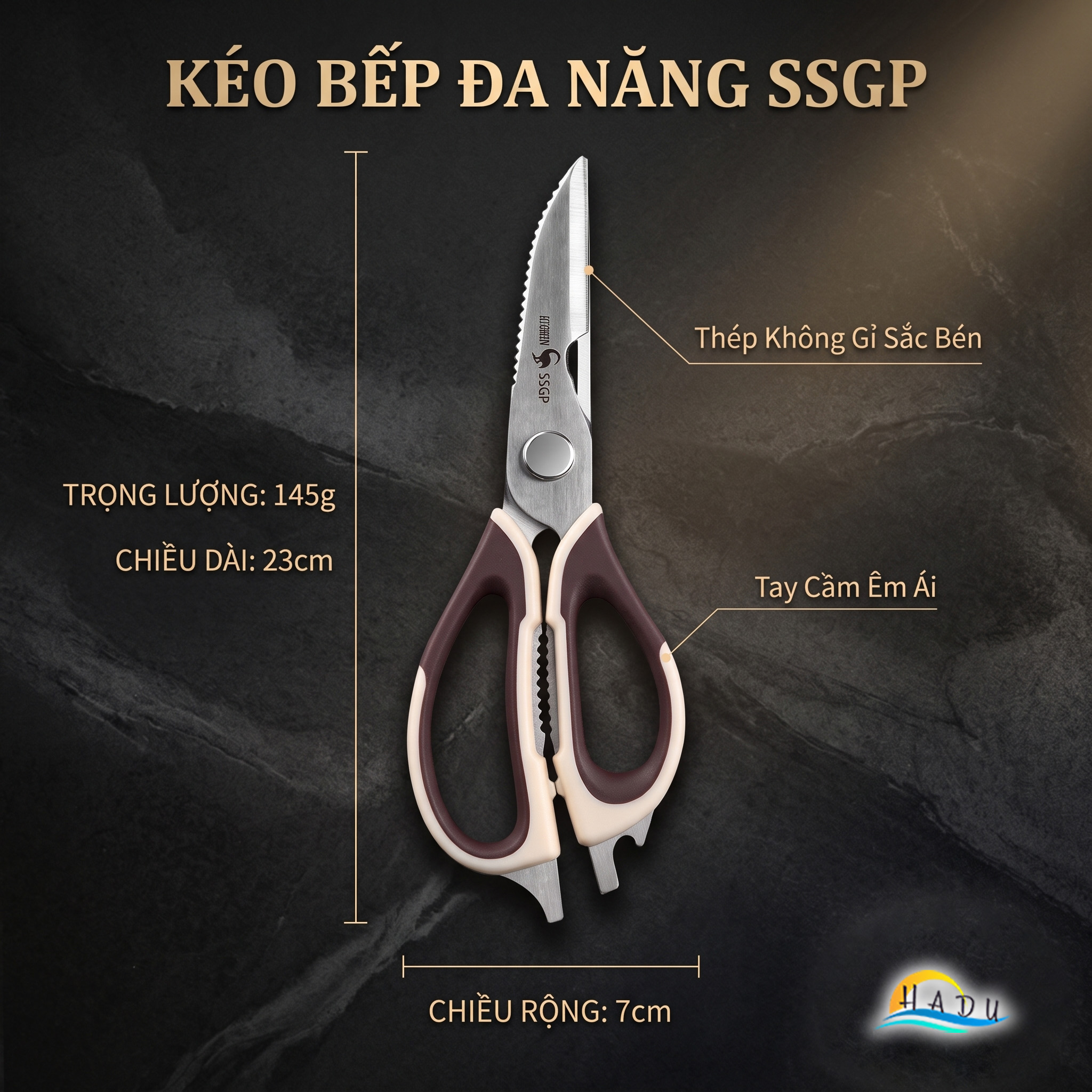 Kéo Nhà Bếp Đa Năng SSGP, Inox 304, Cắt Gà, Cắt Xương, Mở Nắp Chai, Dài 23cm, Đạt Chất Lượng LFGB Đức