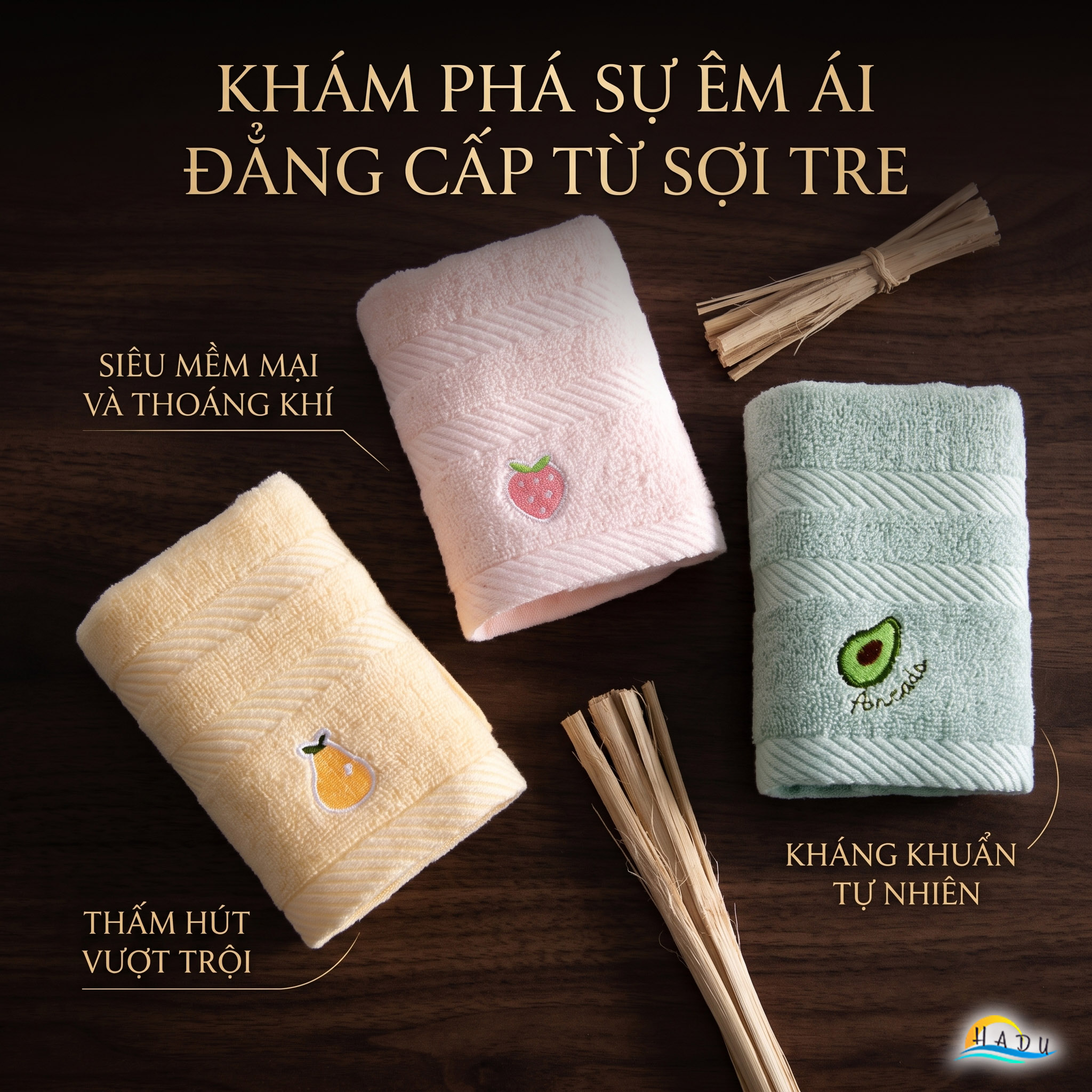 Khăn Mặt Cho Bé HADU, Cotton Sợi Tre, Kháng Khuẩn, Siêu Mềm Mại, 26x48cm, Nhiều Màu