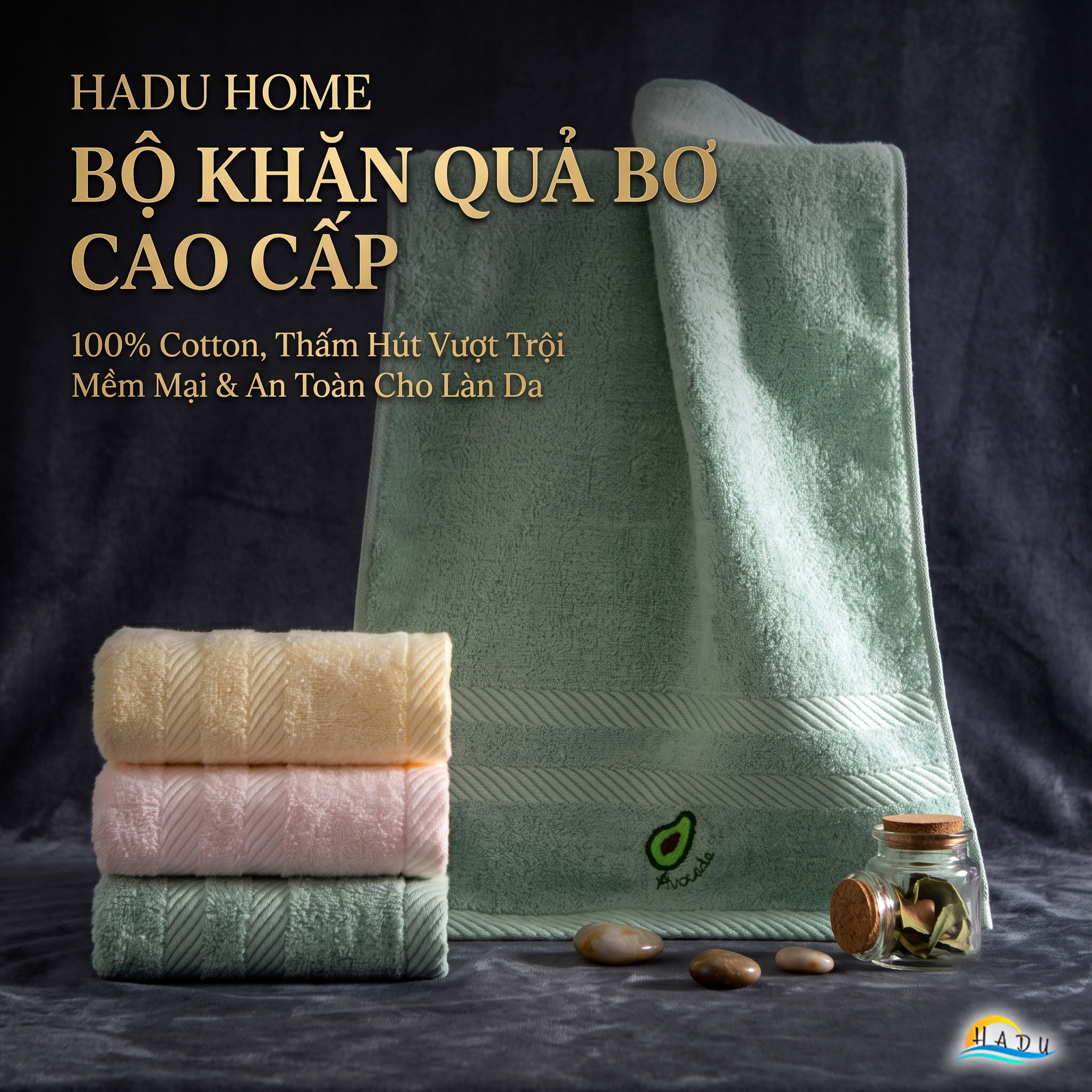 Khăn Mặt Cho Bé HADU, Cotton Sợi Tre, Kháng Khuẩn, Siêu Mềm Mại, 26x48cm, Nhiều Màu