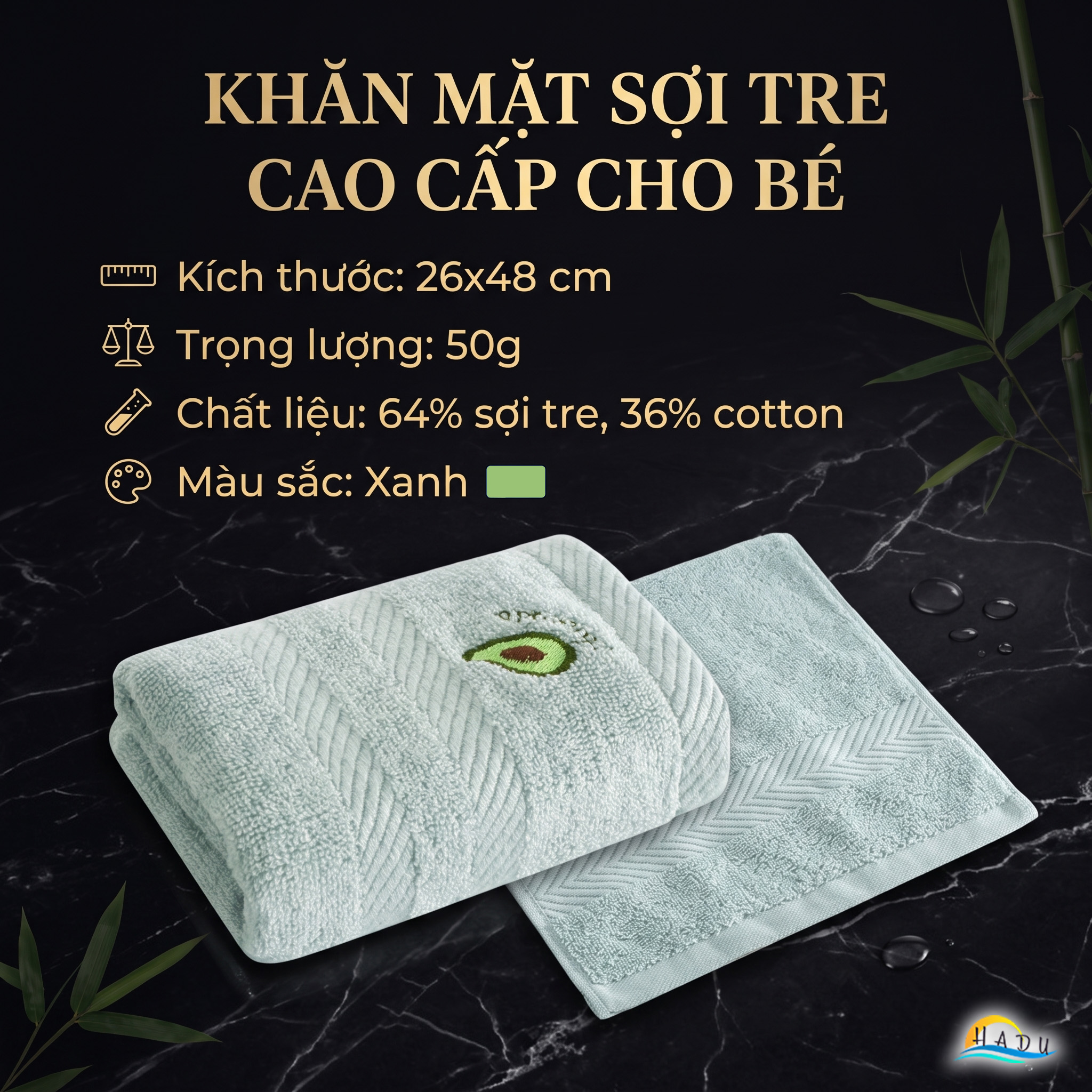 Khăn Mặt Cho Bé HADU, Cotton Sợi Tre, Kháng Khuẩn, Siêu Mềm Mại, 26x48cm, Nhiều Màu
