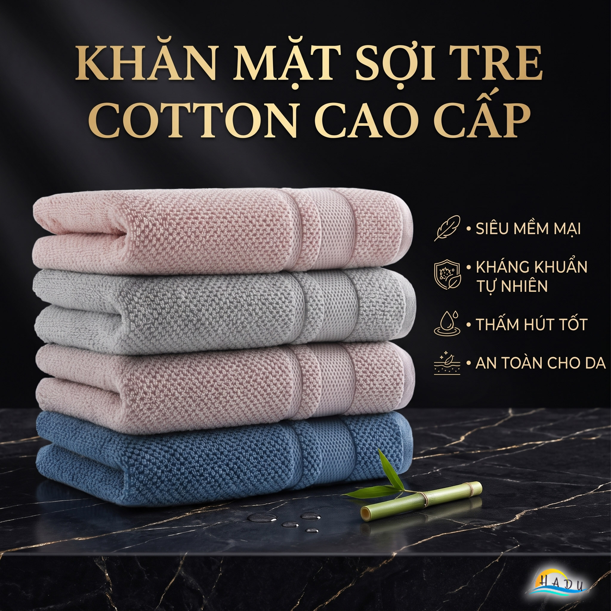 Khăn Mặt Cotton Sợi Tre HADU Kháng Khuẩn, Siêu Mềm Mại, Thấm Hút Tốt, 24x76cm, Nhiều Màu