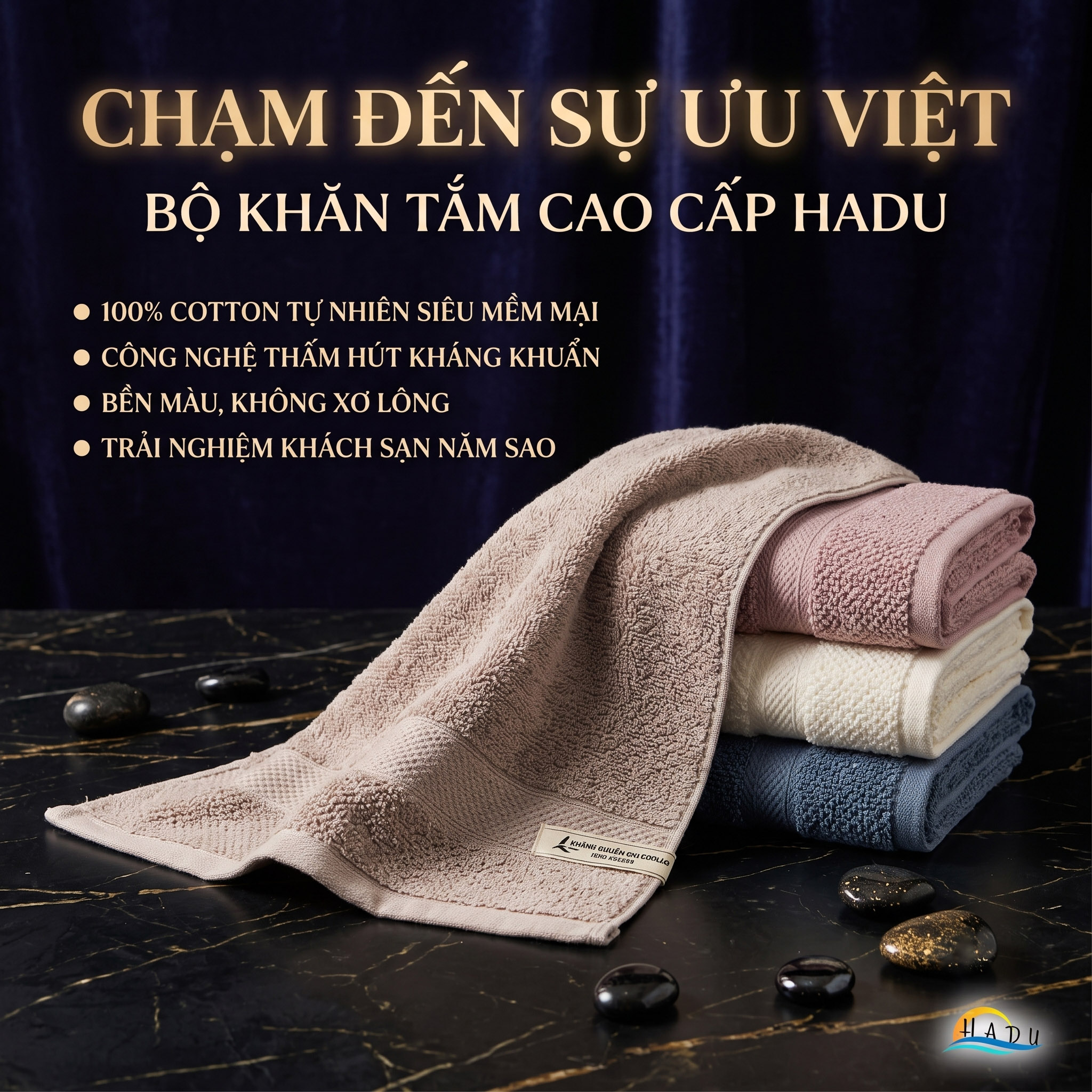 Khăn Mặt Cotton Sợi Tre HADU Kháng Khuẩn, Siêu Mềm Mại, Thấm Hút Tốt, 24x76cm, Nhiều Màu