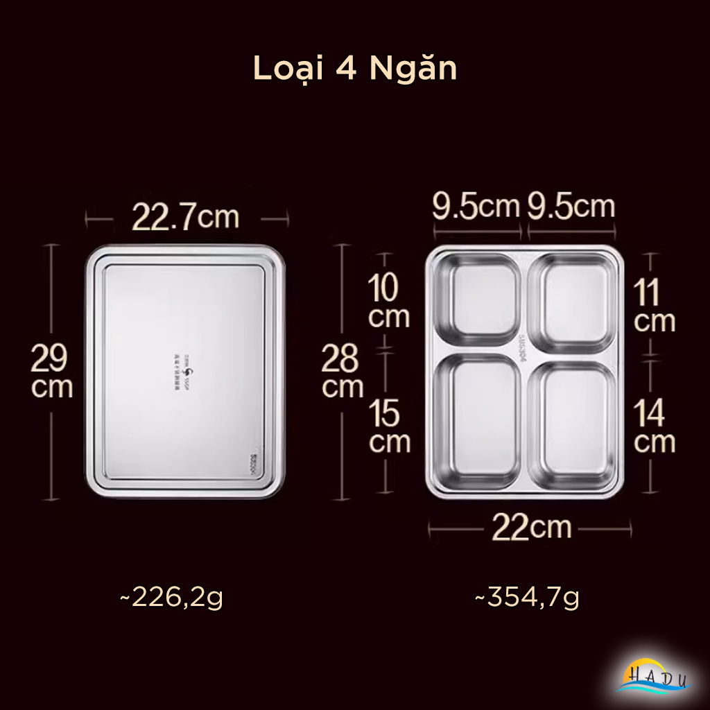 Khay Ăn Cơm Inox 304 SSGP, 4 Ngăn, 5 Ngăn, Có Nắp Đậy, Lòng Sâu, Đạt Chất Lượng LFGB Đức