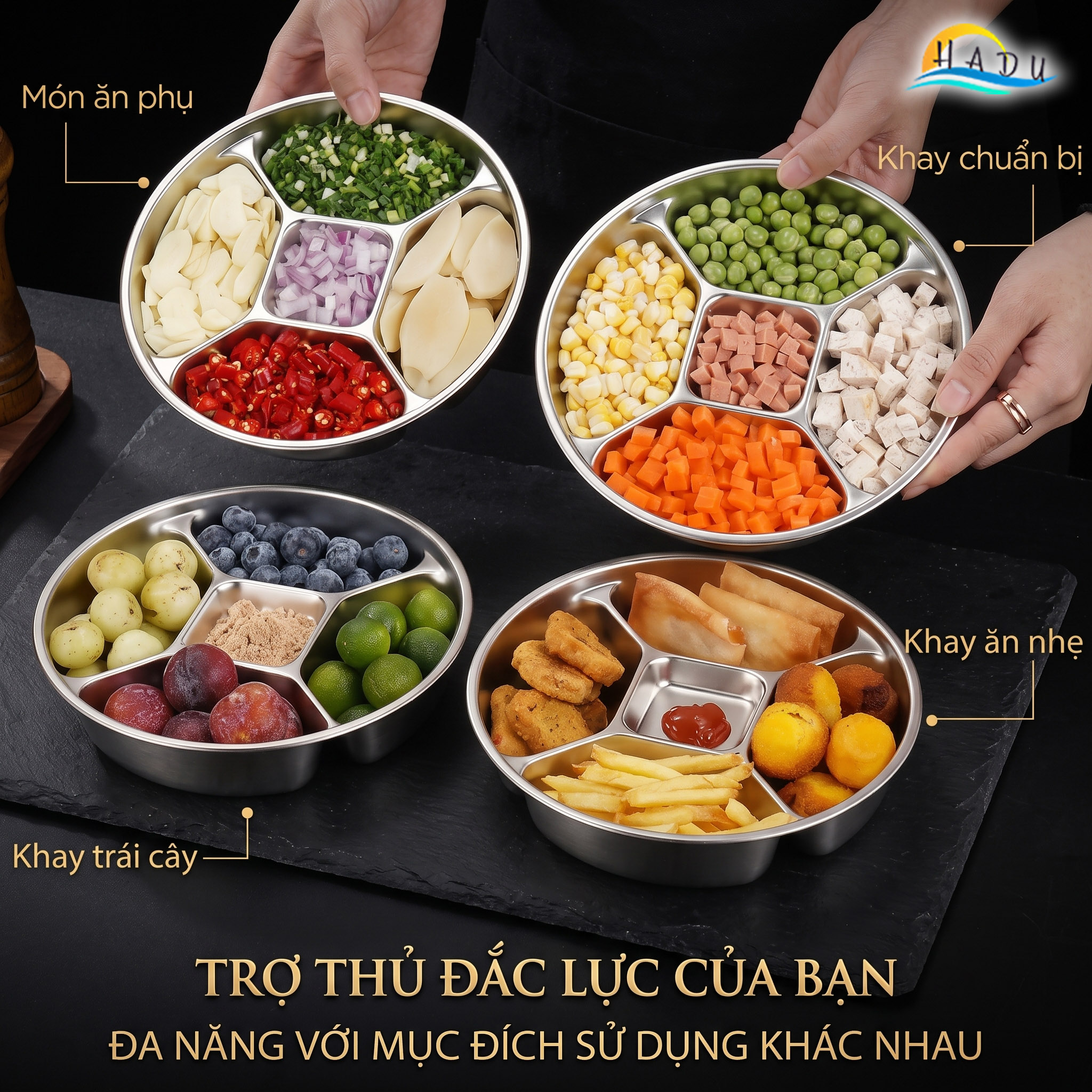 Khay Inox 304 Chia 5 Ngăn Cao Cấp SSGP, Đĩa Đựng Gia Vị Chuẩn Bị Nguyên Liệu Nấu Ăn Đạt Chất Lượng LFGB Đức