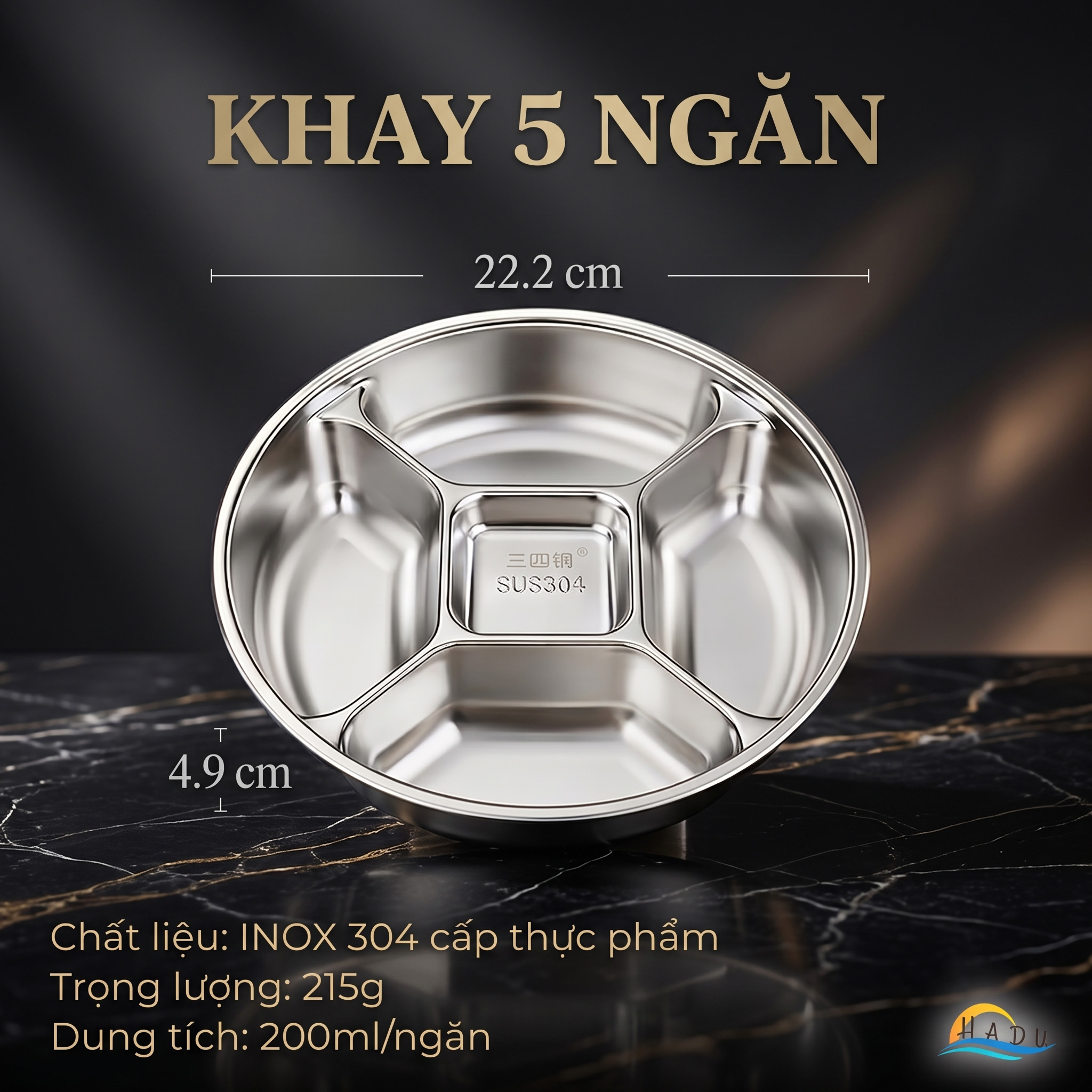 Khay Inox 304 Chia 5 Ngăn Cao Cấp SSGP, Đĩa Đựng Gia Vị Chuẩn Bị Nguyên Liệu Nấu Ăn Đạt Chất Lượng LFGB Đức