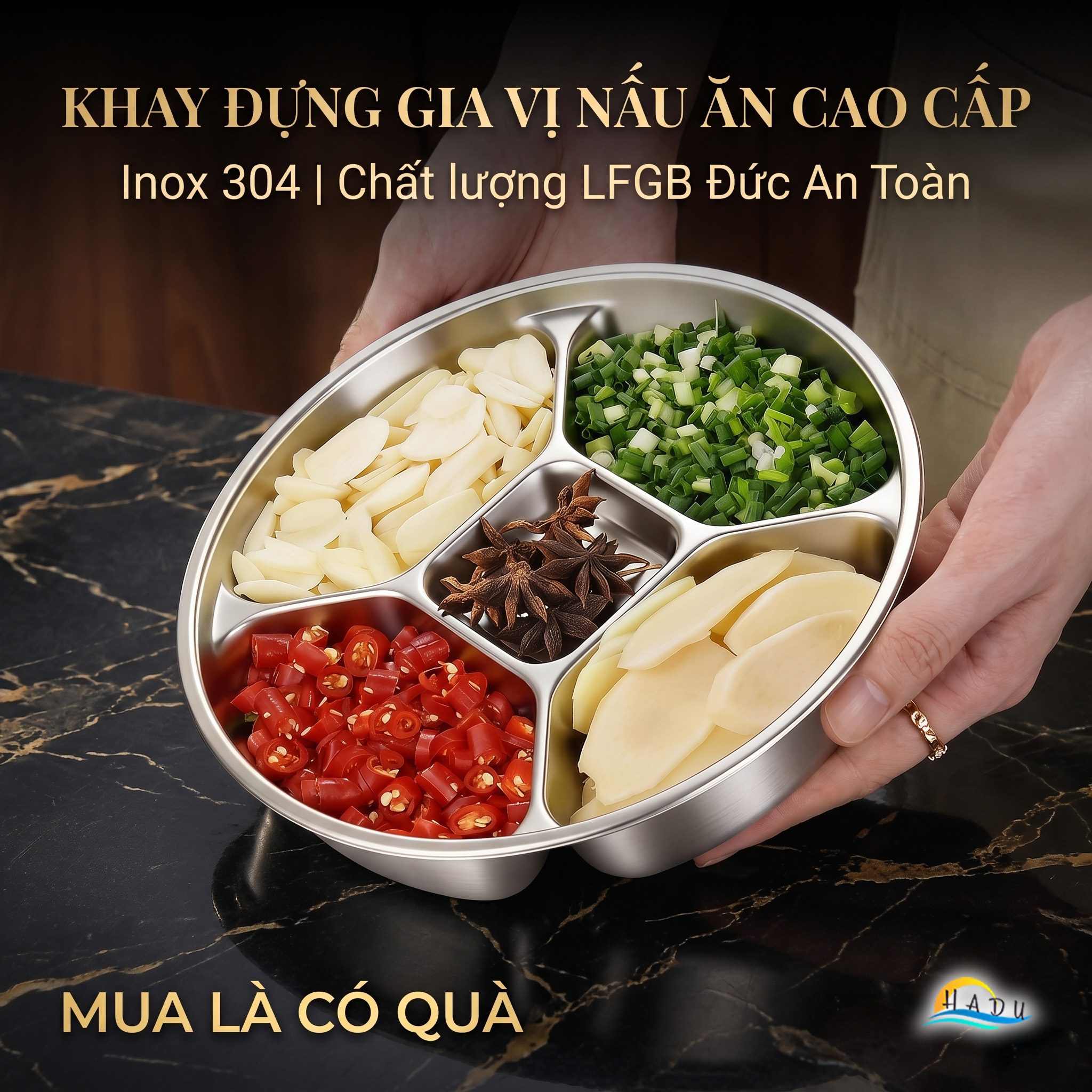 Khay Inox 304 Chia 5 Ngăn Cao Cấp SSGP, Đĩa Đựng Gia Vị Chuẩn Bị Nguyên Liệu Nấu Ăn Đạt Chất Lượng LFGB Đức