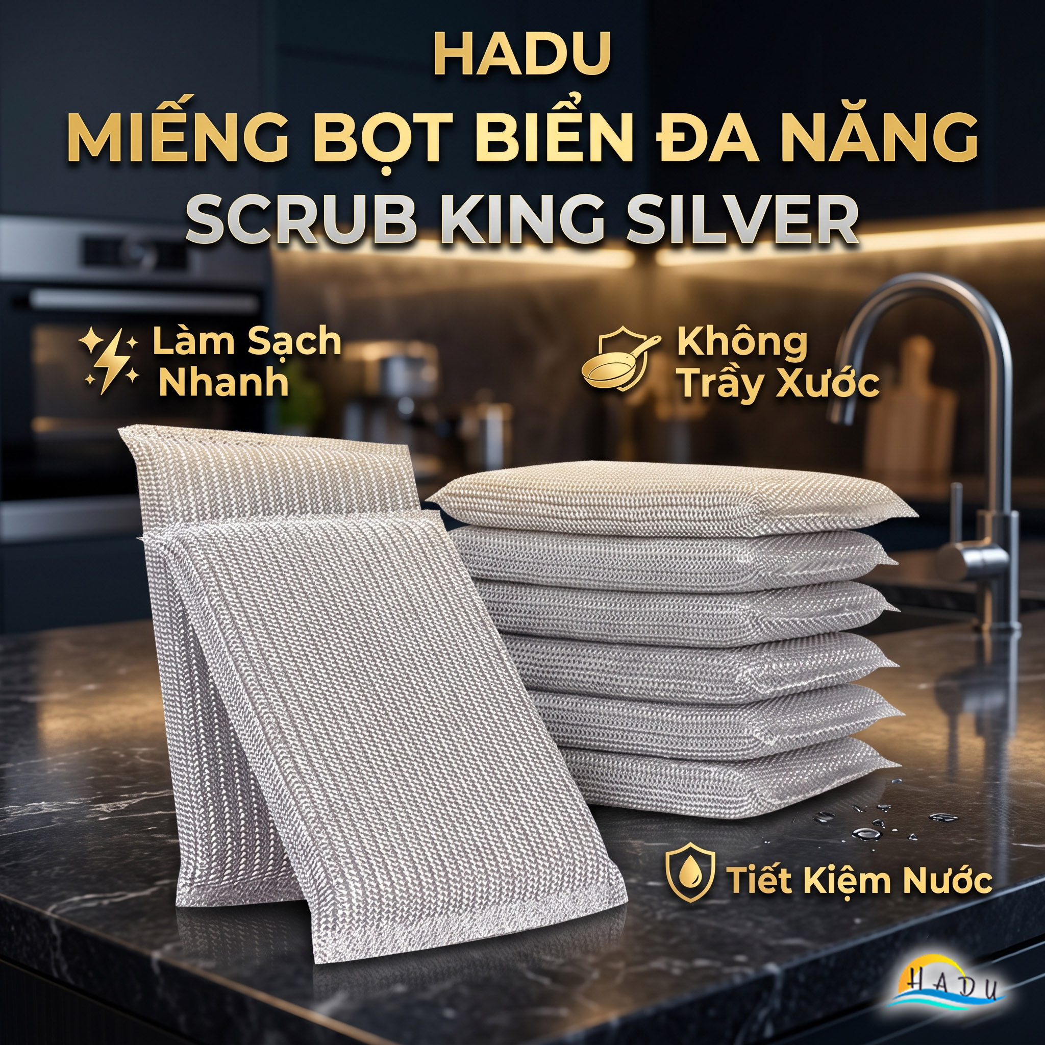 Miếng Bọt Biển Đa Năng Scrub King Silver – Làm Sạch Nhanh, Không Trầy Xước, Tiết Kiệm Nước HADU