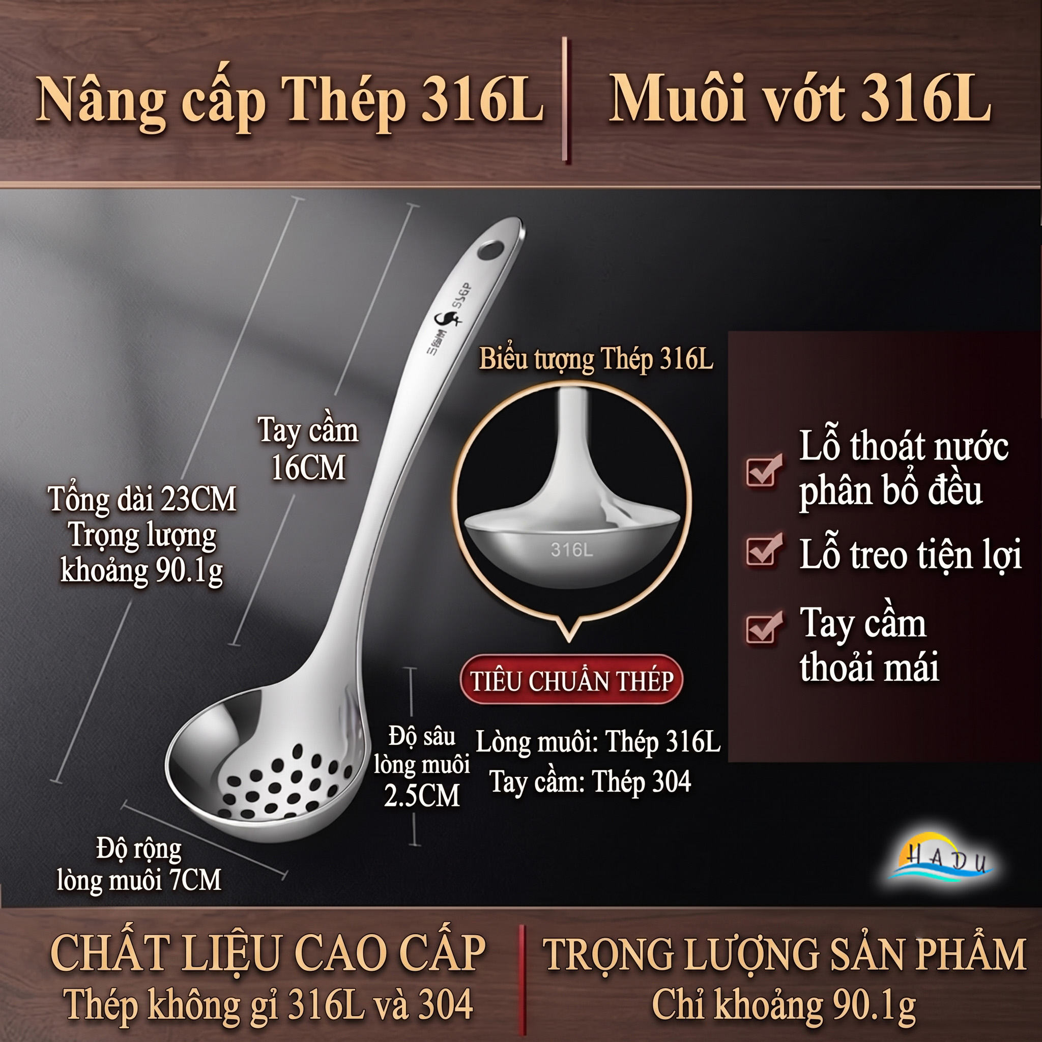 Bộ Muôi Múc Canh Inox 304 SSGP, Đúc Nguyên Khối, Tay Cầm Tròn Chống Nóng, Đạt Chất Lượng LFGB Đức