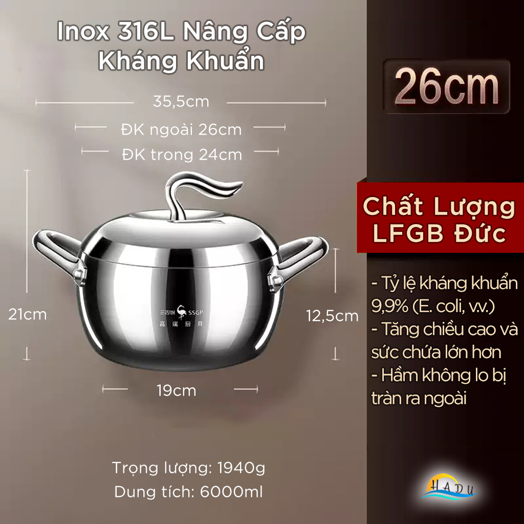 Nồi Inox 316L SSGP Đáy 3 Lớp, Thiết Kế Hình Quả Táo, Dùng Bếp Từ, Đạt Chất Lượng LFGB Đức