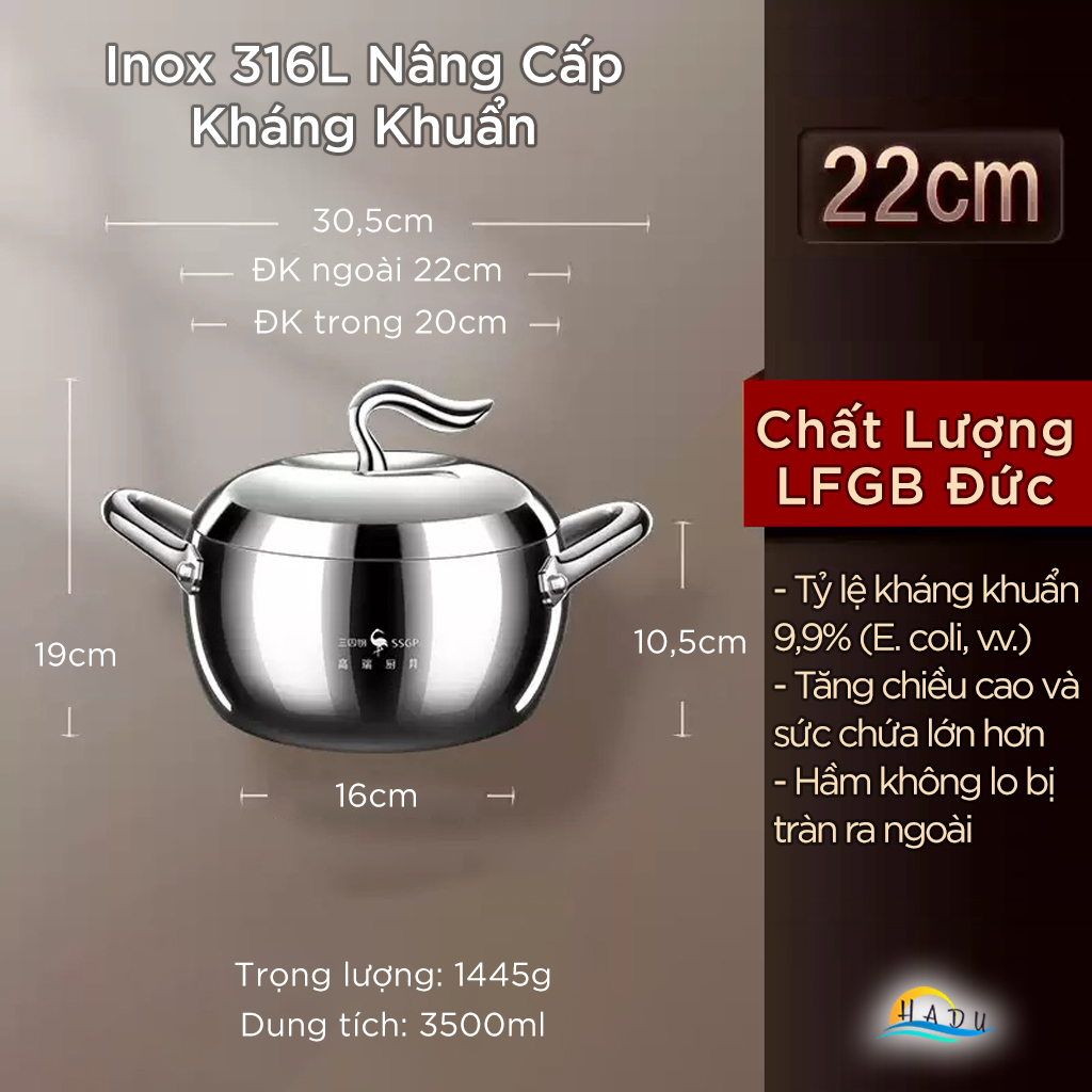 Nồi Inox 316L SSGP Đáy 3 Lớp, Thiết Kế Hình Quả Táo, Dùng Bếp Từ, Đạt Chất Lượng LFGB Đức
